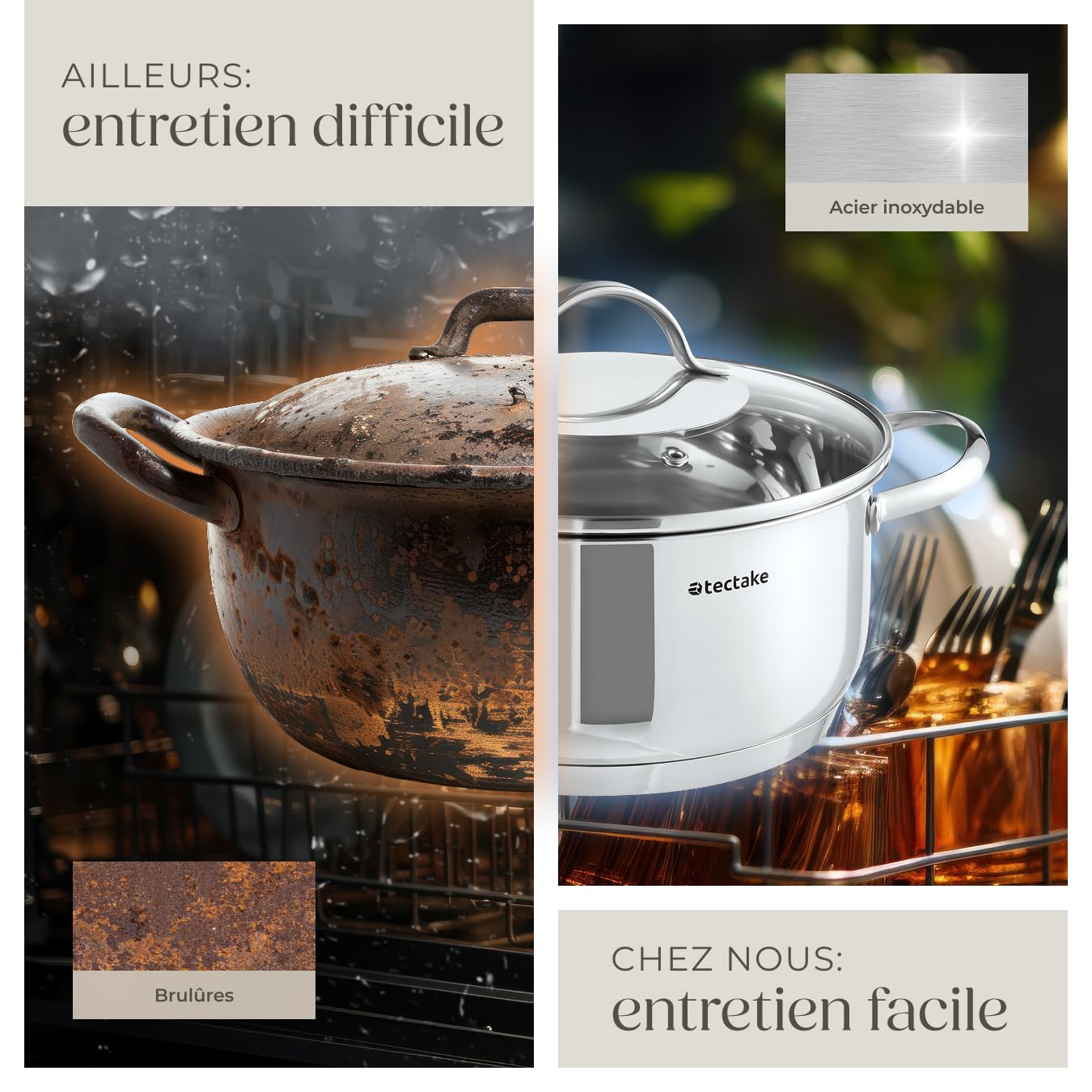 tectake® Set de 5 Casseroles et 4 Couvercle en verre, Batterie de cuisine Casserole inox, 1 Casserole à manche, 4 Casseroles à poignées, Compatible induction, gaz, électrique, vitrocéramique, Cuisine