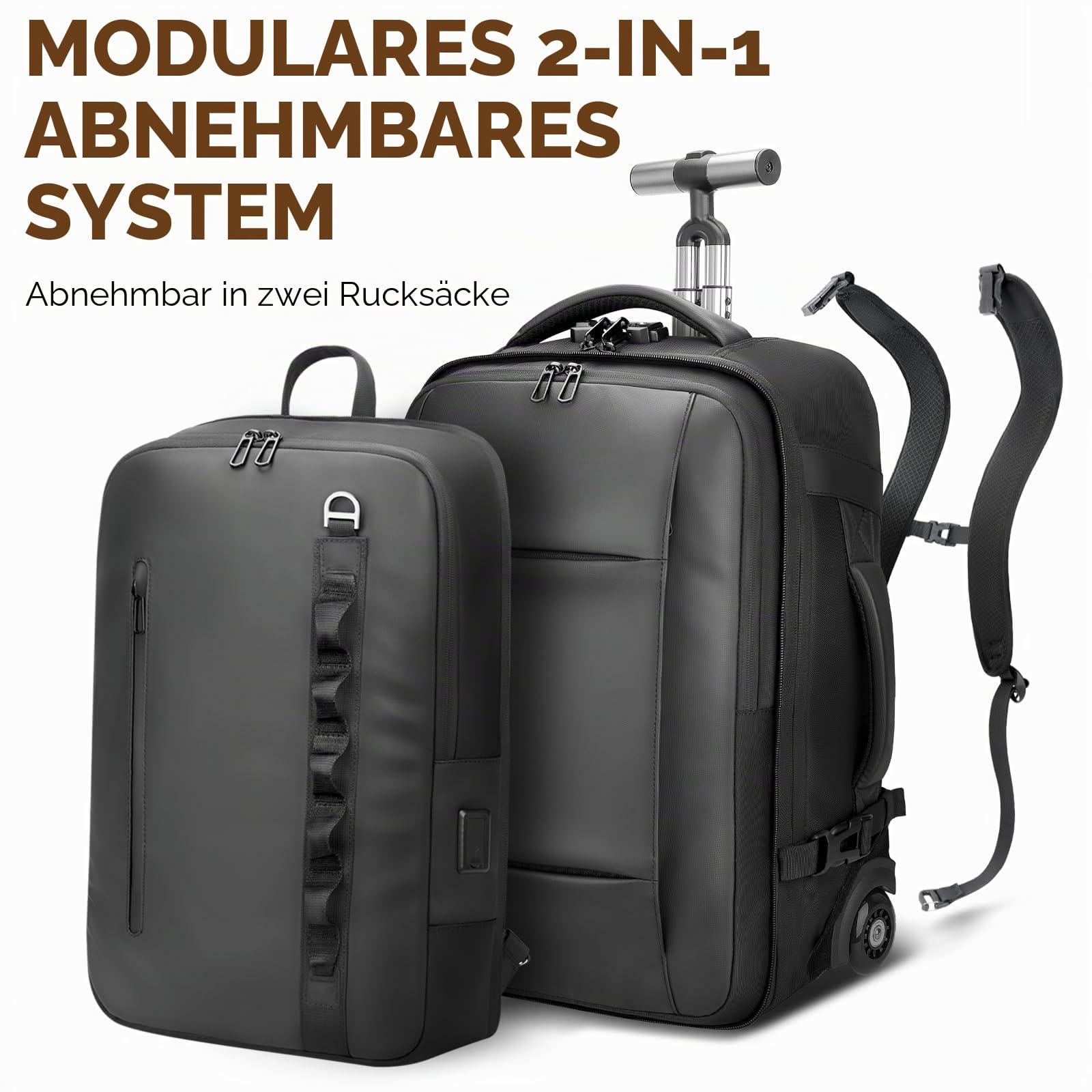 2-in-1-Reiserucksack mit Rollen, 50L Rucksack Trolley mit 17,3" Laptopfach - Handgepäck mit USB-C-Anschlüssen für Geschäftsreise, Hochschulen & Wochenendtrip