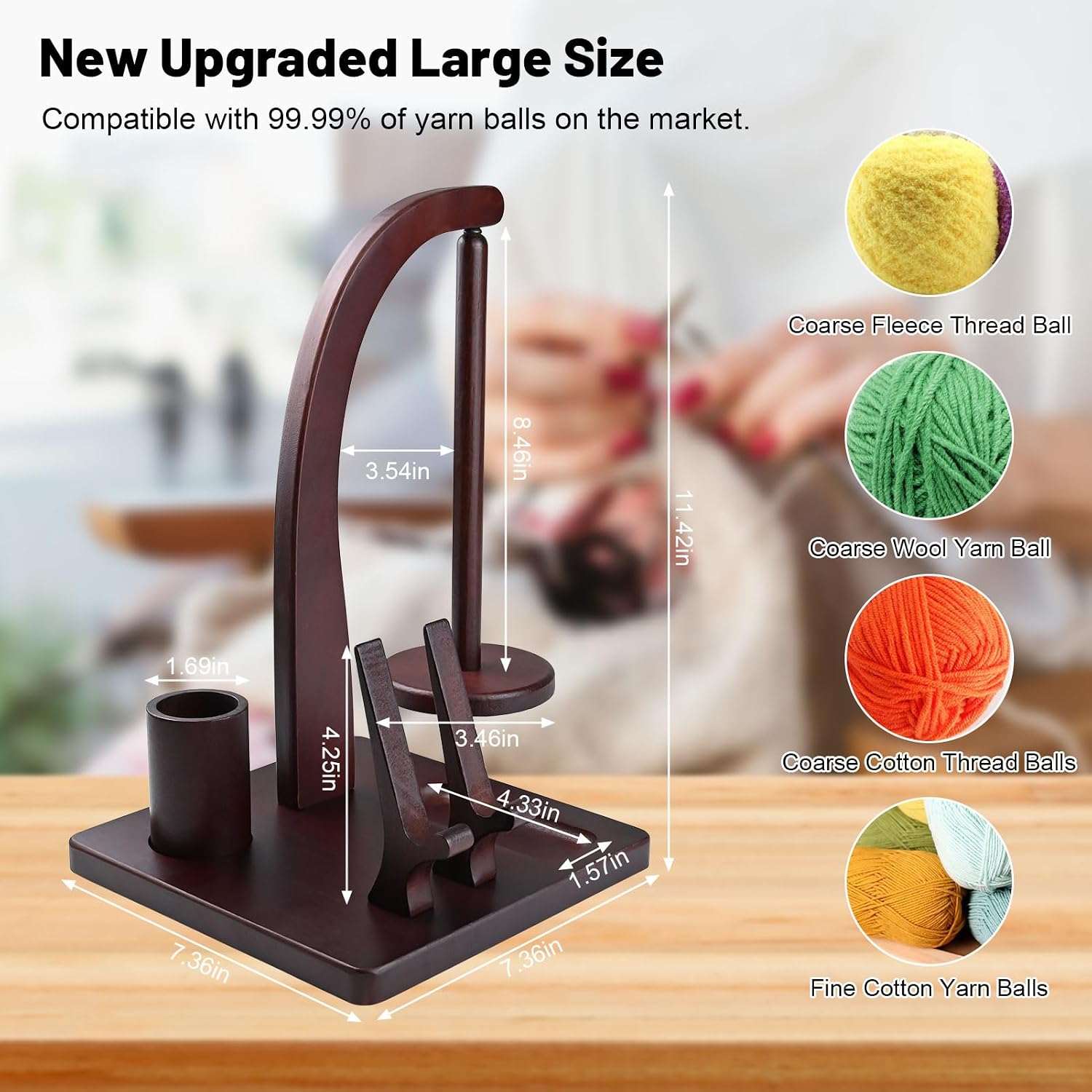 Magnetic Yarn Holder for Knitting and Crocheting, Wooden Yarn Spool Rack with Phone Stand and Crochet Accessories Storage, Anti-Slip Pads, Yarn Ball Holder Spinner for Crocheters Knitting Lovers