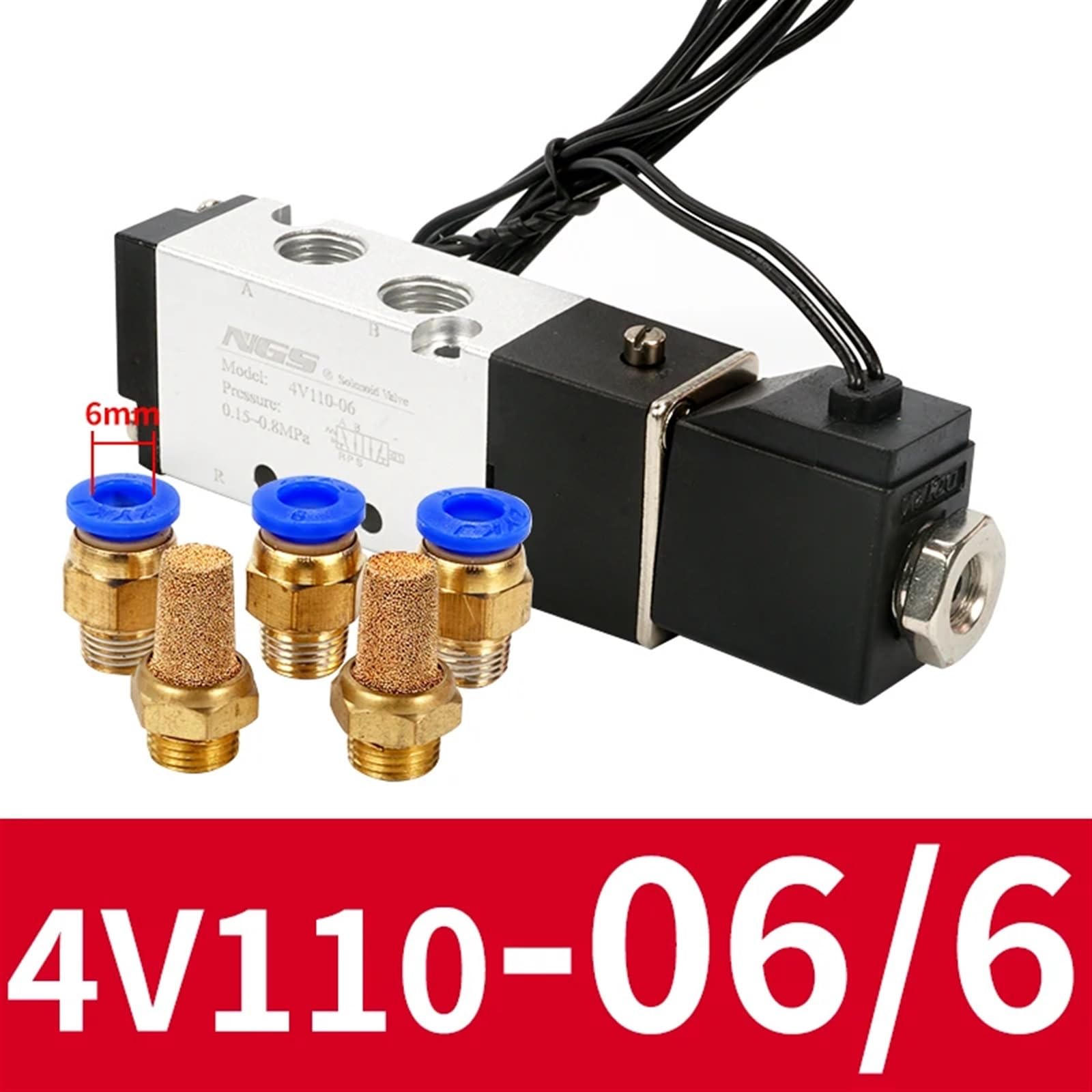 4V110-06 5 Weg 2 Position 1/8 "Pneumatische Magnetventil mit draht DC12V DC24 AC110 AC220V mit 4mm/6mm/8mm/10mm/12mm(With-6mm-Fitting,DC12V)
