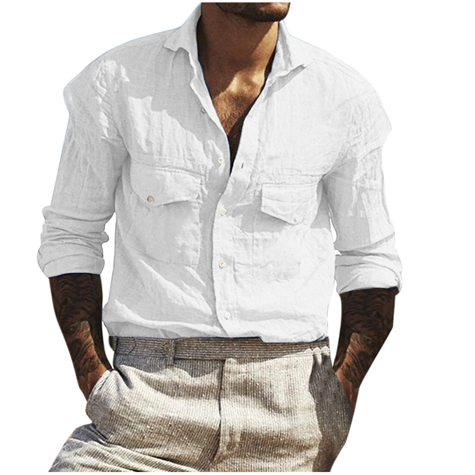 Mens Shirts Cotton Relaxed Fit Cargo Shirts Long Sleeve Outdoor Work Dress Shirts Fall Outfits with Chest Pockets