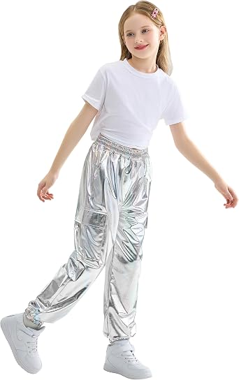 Rolanko Girls Metallic Cargo Pants, Shiny Jogger Pant for Dance 6-15 Years