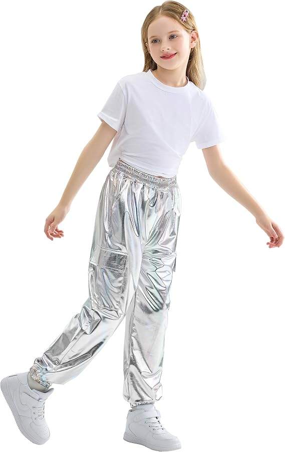 Rolanko Girls Metallic Cargo Pants, Shiny Jogger Pant for Dance 6-15 Years