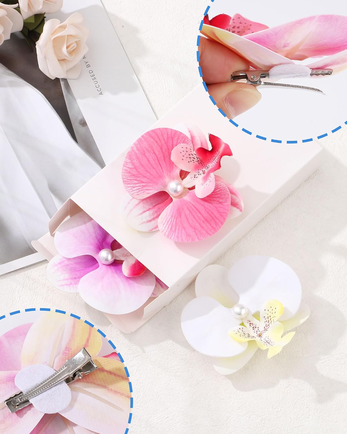3Pcs Hawaiian Flower Hair Clip for Women Butterfly Orchid Hair Barrettes Flower Hair Clips with Pearl Summer Artificial Flowers Hair Clips for Beach, Bridal Hair Accessories(White+Pink+Purple) image 3
