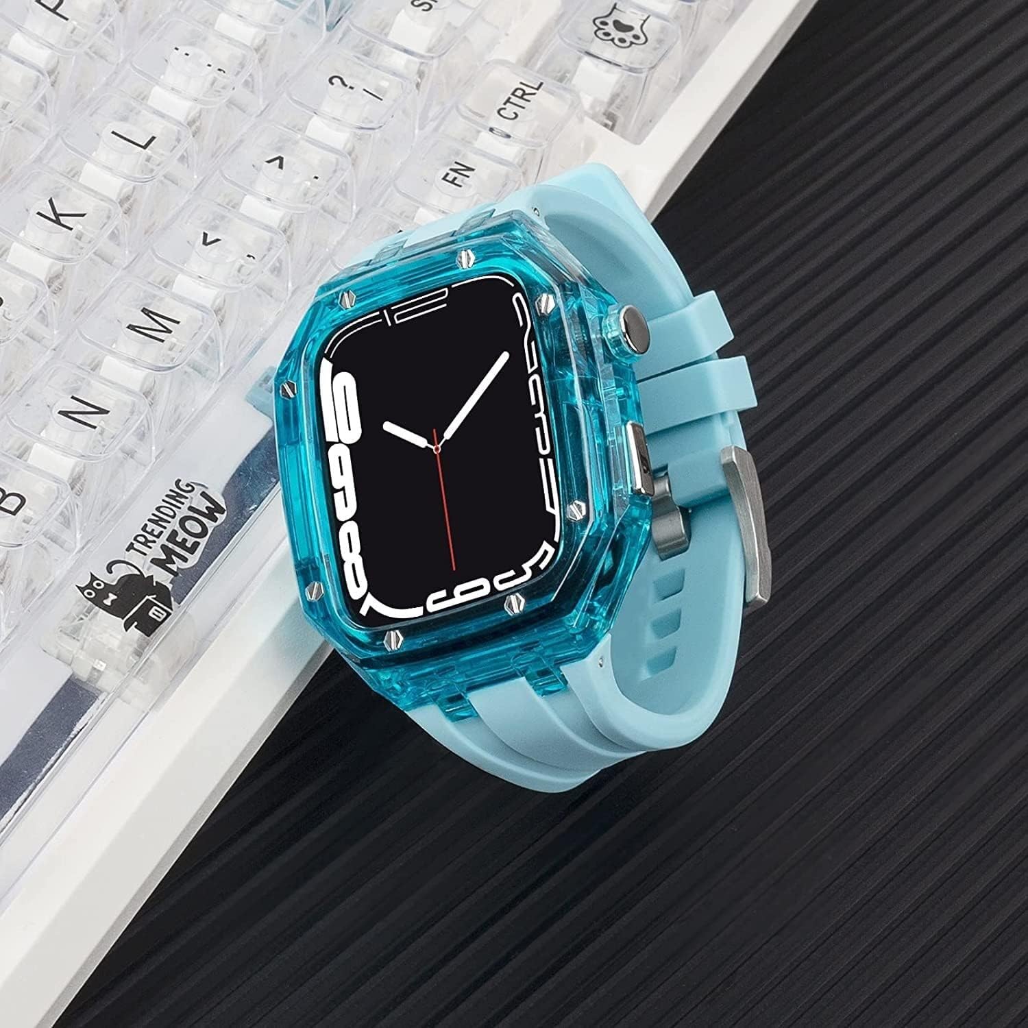 Transparent Lightweight Protective Case Liquid Silicone Belt Material，For Apple Watch 45/44mm, Crystal Clear Rugged Protective Bumper Full Protection，For Iwatch Series 8 7 6 5 4 3 SE(K,44mm)