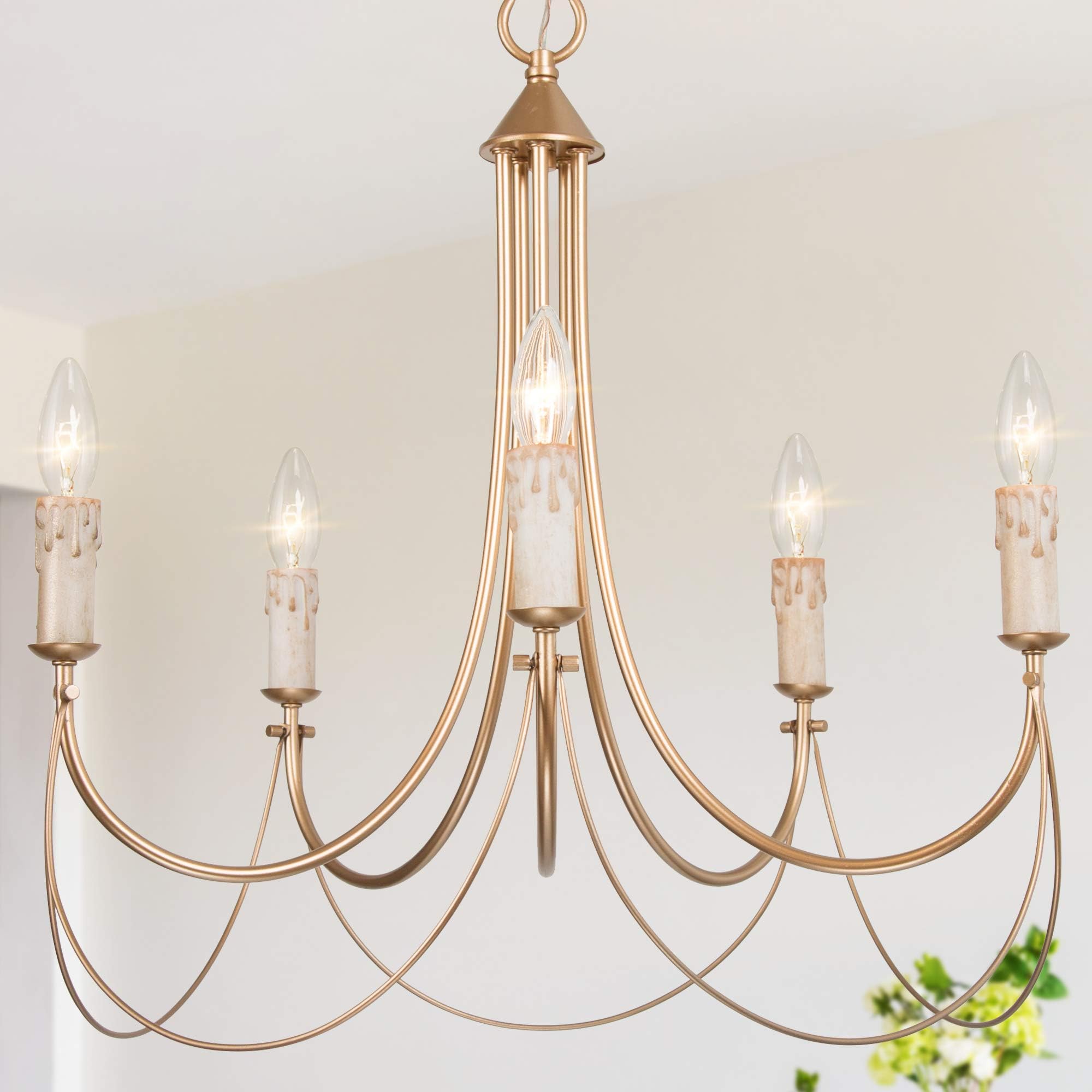 classy leaves Gold French Country Chandeliers for Dining Rooms, 5-Light Modern Pendant Light Fixtures with Elegant Arms for Bedroom, Living Room, D 23.5" x H 22"
