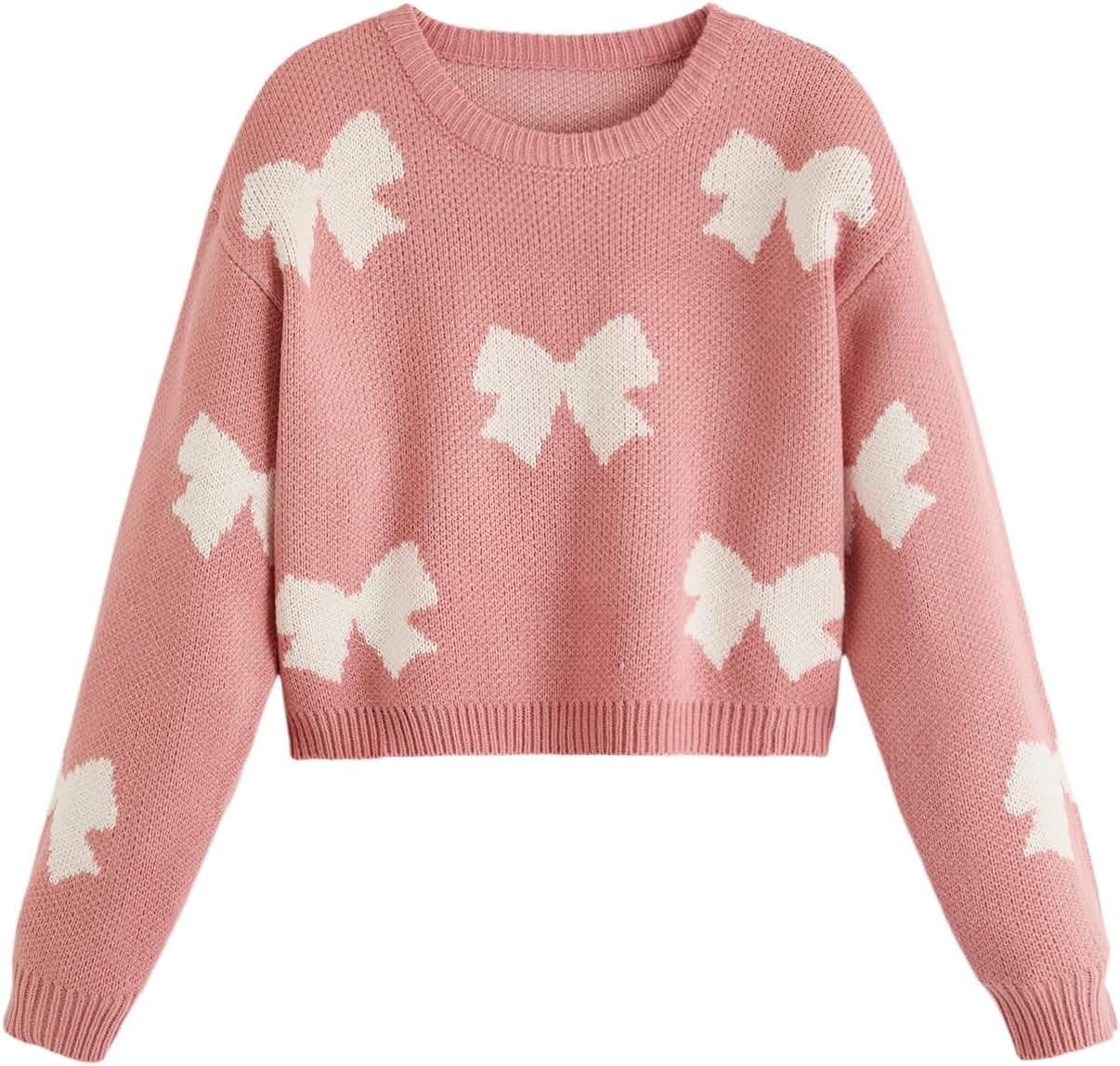 Verdusa Girl's Cute Bow Sweater Drop Shoulder Crew Neck Pullover Tops