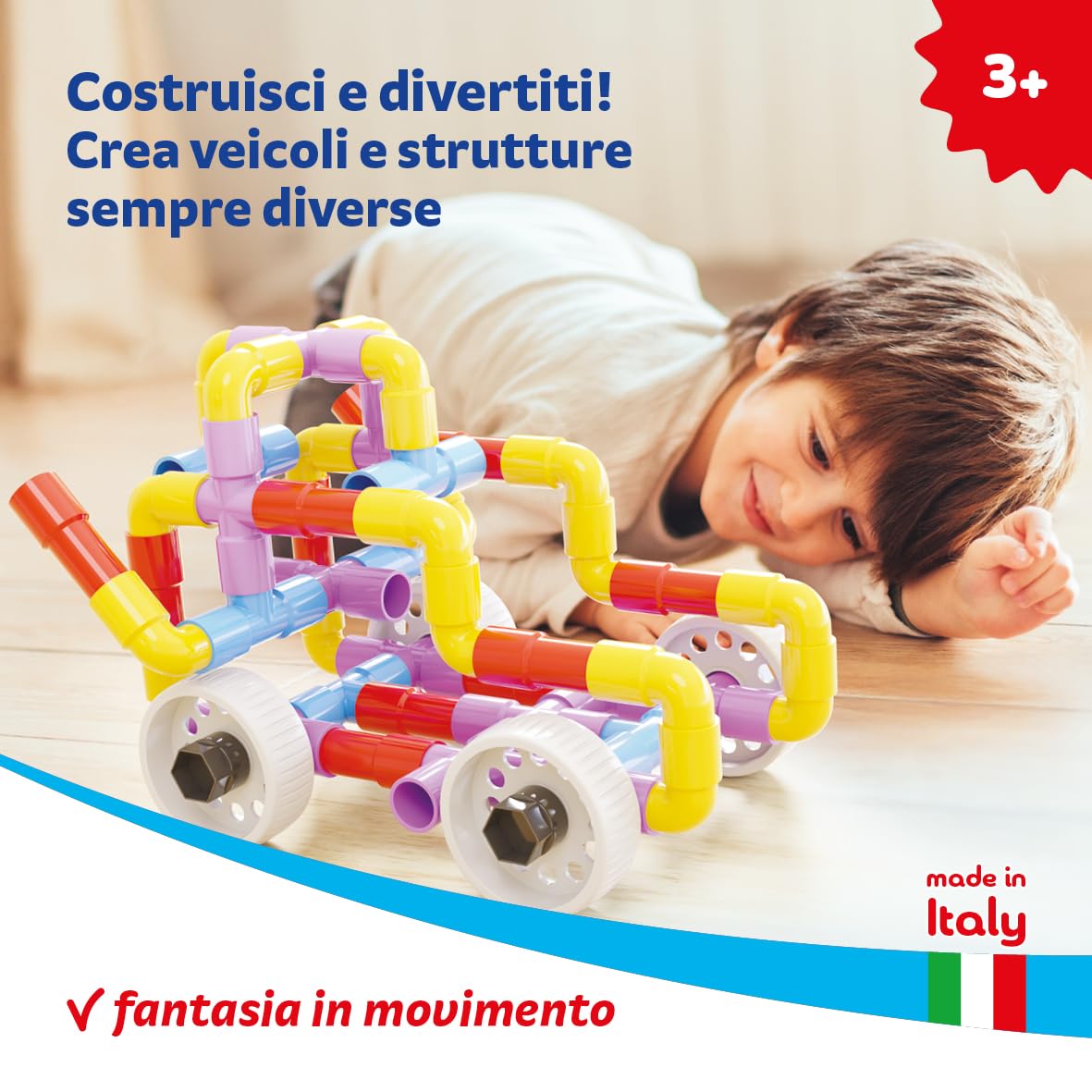 Quercetti Tubation Wheels 68 Pezzi, Giochi Bambini 3 Anni, Costruzioni per Bambini 3 Anni con Tubi Colorati e Ruote, Giochi Educativi e Giochi Creativi, Giochi per Bambini, Made in Italy