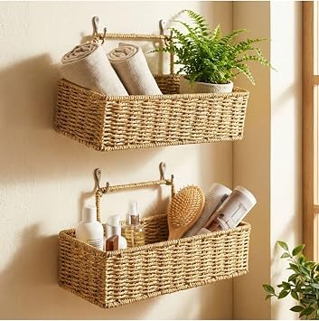 2’Li Duvar Askılı Plastik Rattan Organizer – Dikdörtgen Hasır Görünümlü Mutfak Raf Sepeti