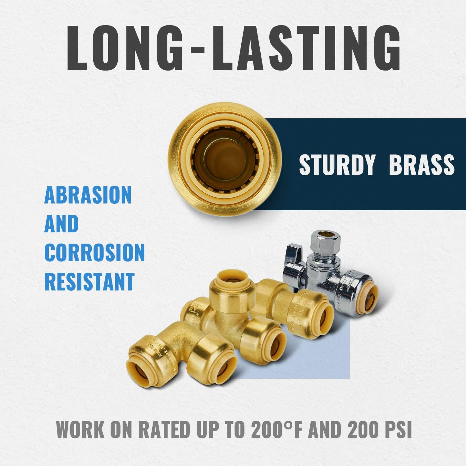SUNGATOR Push Plumbing Fitting Kit 1/2 Inch, 10 Each Straight Coupling, Elbow, Angle Shut Off Valve, Tee (5 PCS), No Lead Brass Push to Connect Pex Pipe,Copper,CPVC, with 1 Disconnect Clip, Pack of 35