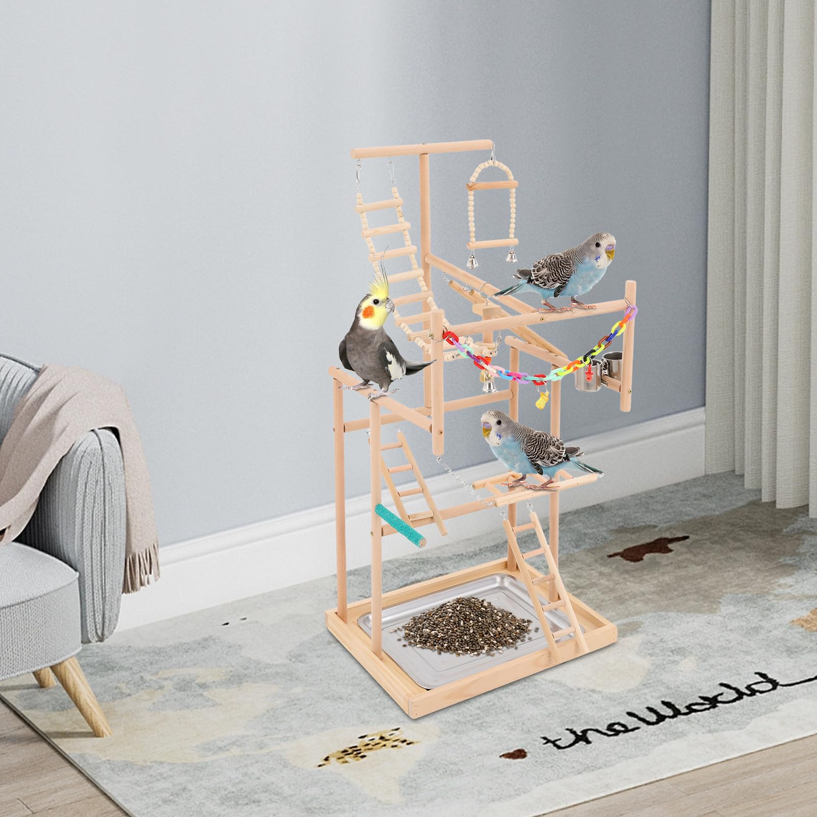 Soporte para loros, parque infantil para pájaros, juguete de 4 pisos, parque de loro, para pájaros pequeños y medianos 48 x 33,5 x 94,5 cm