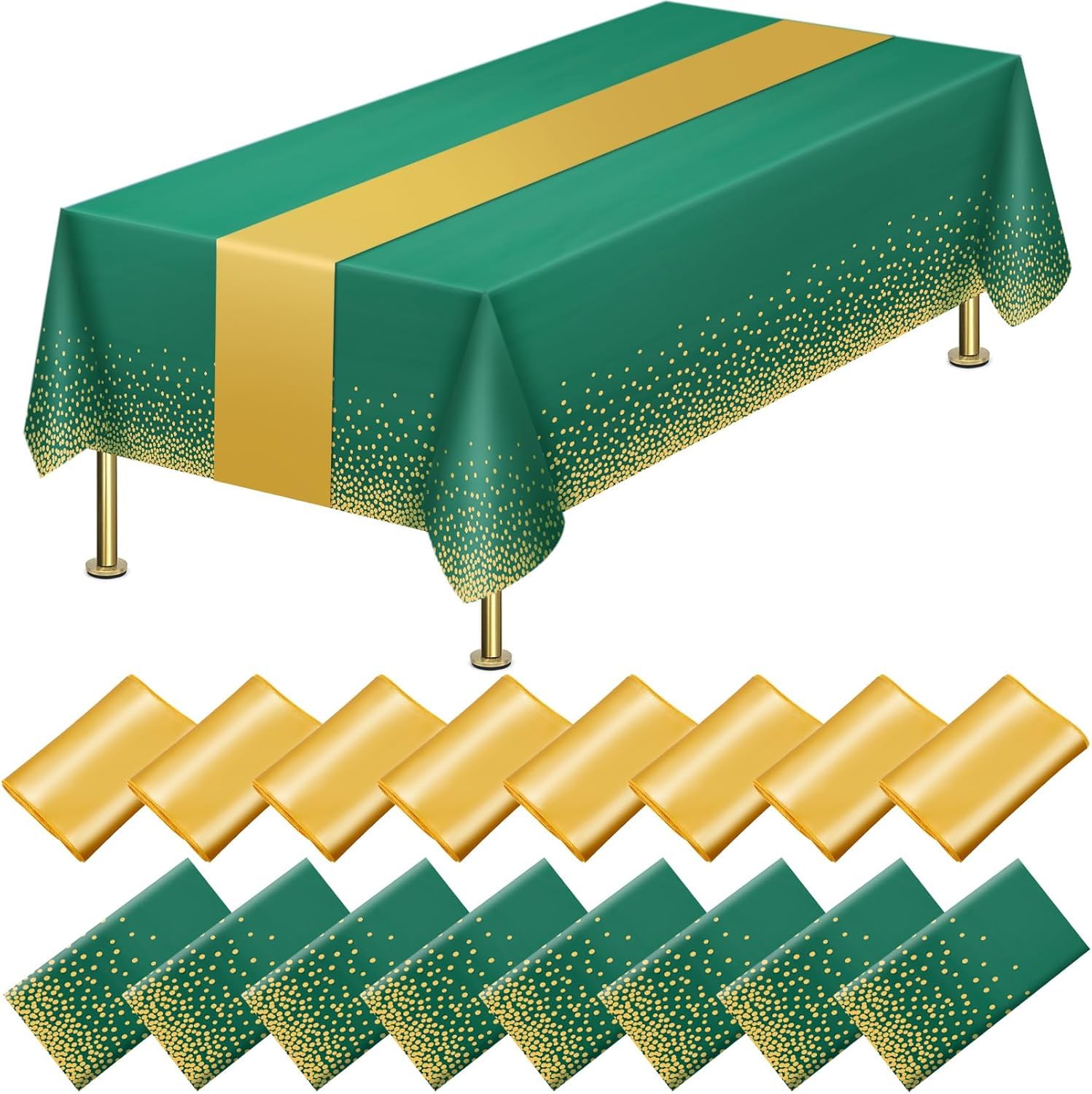Eogrfw Green, Gold 16 Pcs Disposable Plastic Tablecloths And Satin Table Runner Set,54 X 108 Inch Green And Gold Tablecloths,12 X 108 Inch Runners,Rectangle Table Cover For Wedding Birthday Graduation (Green)