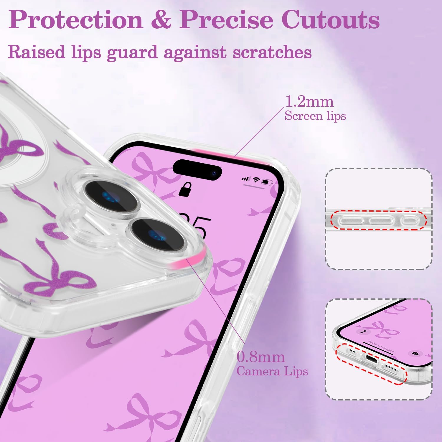 UEEBAI Magnetic for iPhone 17 Case, Bow Case Compatible with MagSafe, Wireless Slim Clear Ribbon Aesthetic Phone Cover Anti-Yellowing Shockproof Protective Cover for Women Girl - Purple image 4