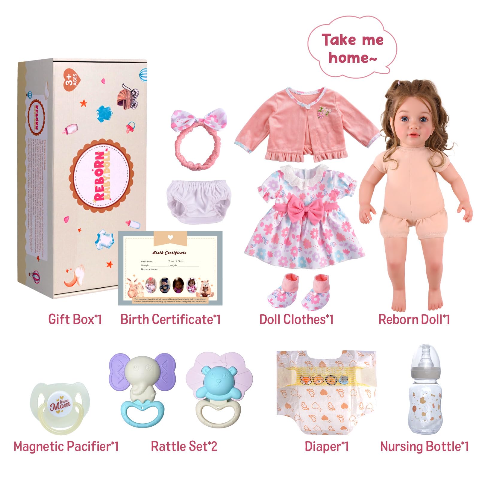 BABESIDE Bambole Reborn Bambina – 20 Pollici Reborn Femmina con Occhi Azzurri & Riccioli Castani, Corpo Morbido in Tessuto, Abito & Accessori per Bambini dai 3 Anni in su