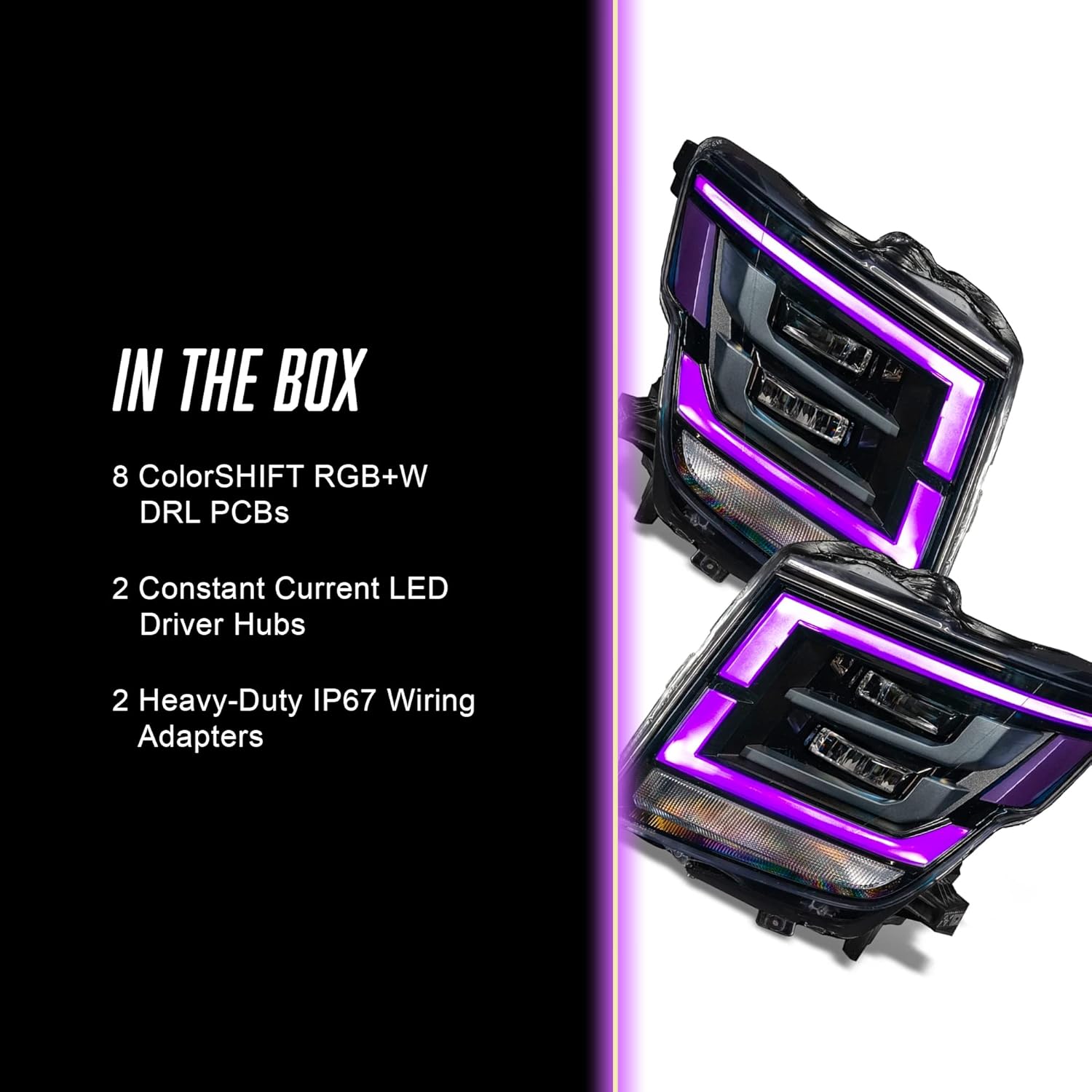 Contents of the ORACLE Lighting ColorSHIFT RGB+W Headlight DRL Upgrade Kit