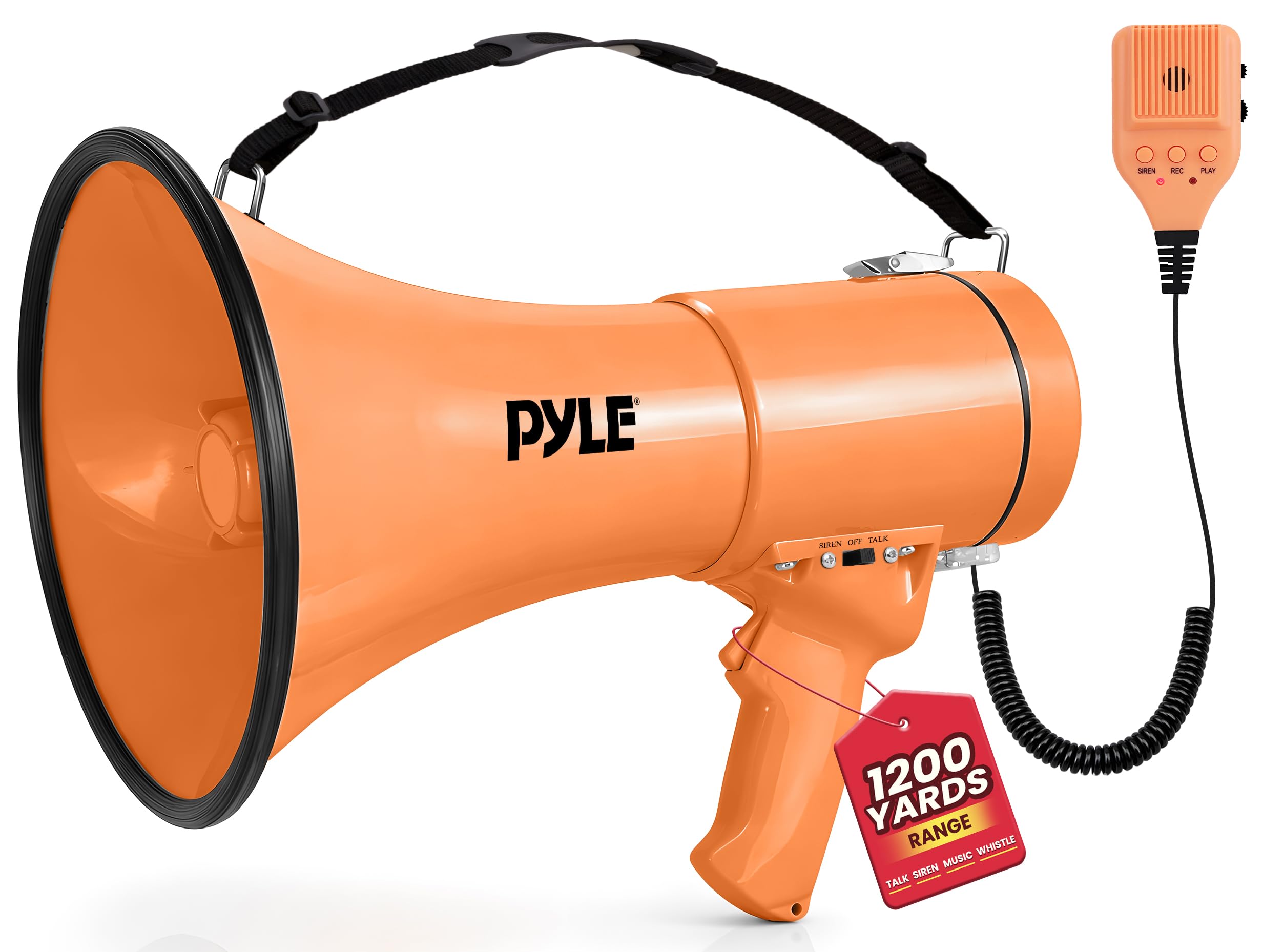 Pyle Megaphone Speaker with Siren, Bullhorn 50W w/Loud Speaker, For Music, Whistle and Record Cheer Megaphones, For Soccer Coach and Football Game Day Essentials