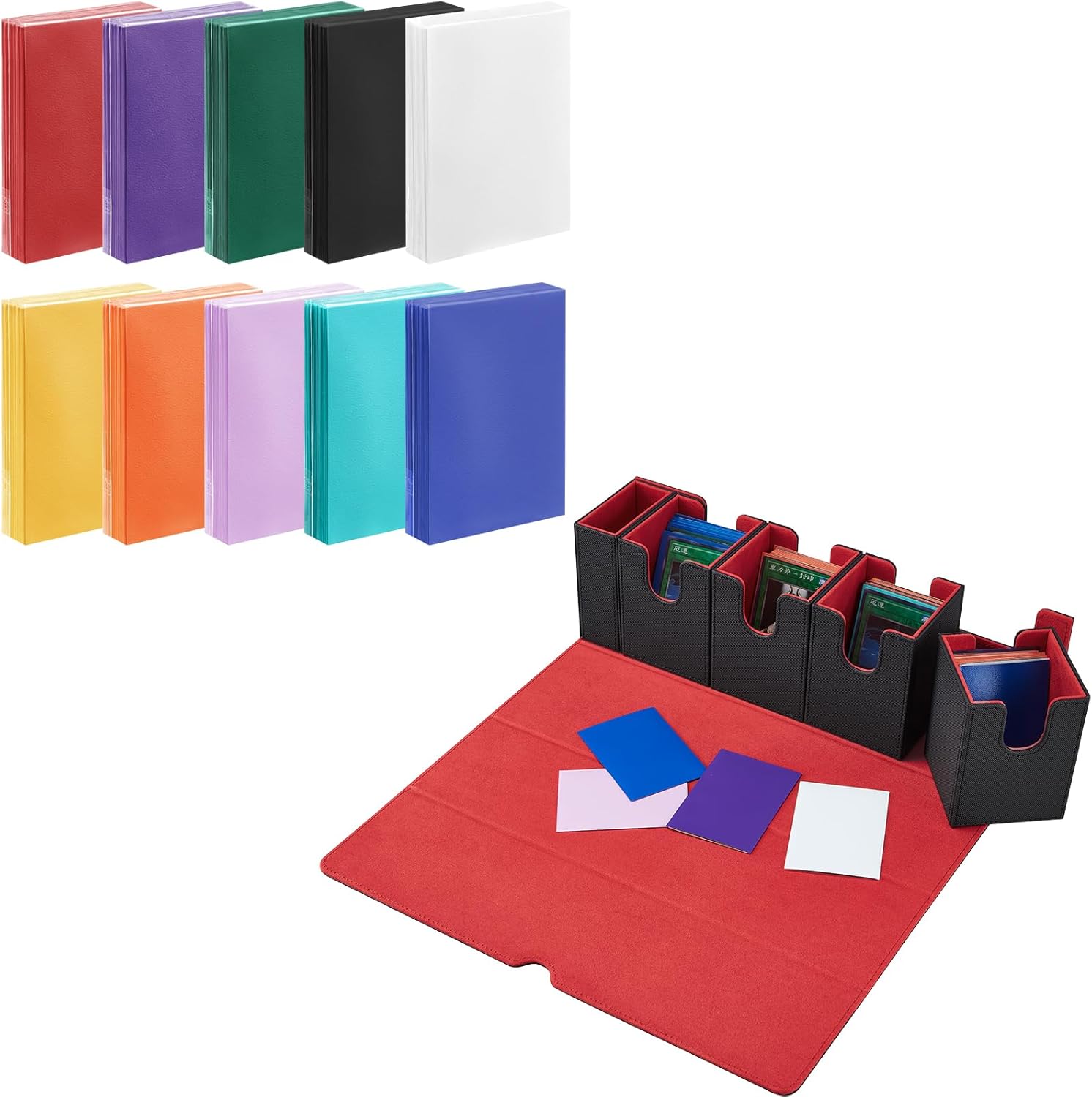 1000 Counts Card Sleeves (62 * 89mm) and 5 in 1 Card Deck Box for MTG (Black Red)