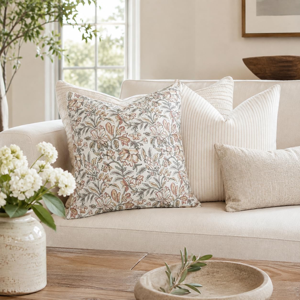 Pack of 2 Floral Pillow Covers 18x18 Muted Vintage Double Sided Block Print Pillow Covers Farmhouse Decorative Couch Pillows for Sofa, Living Room, Boho Neutral Accent Cushion Cover (2, rust, 18X18) image 2