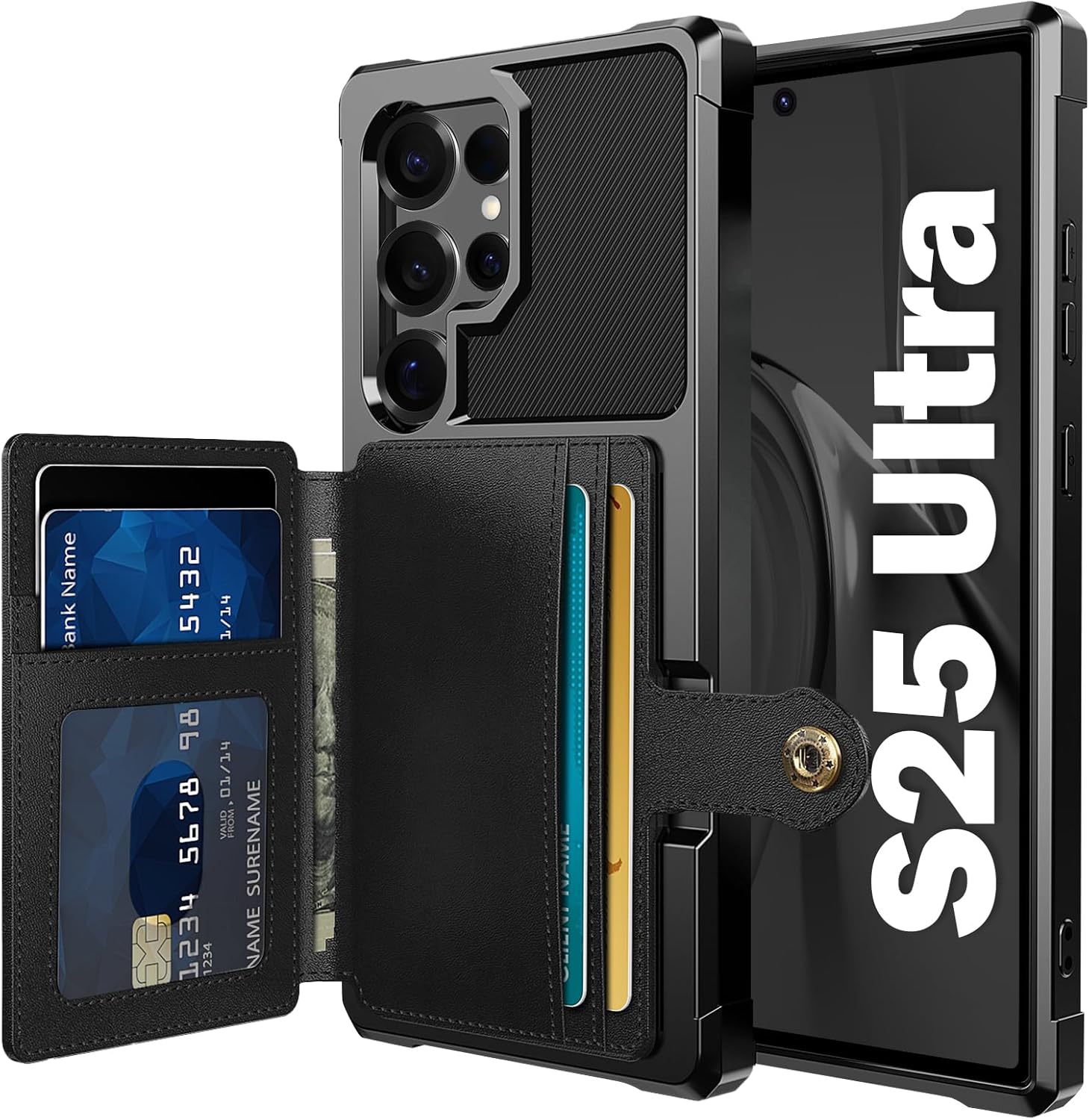 Wallet Case for Samsung Galaxy S25 Ultra, Compatible with Magnetic Car Mount, Heavy Duty Shockproof Rugged Soft TPU Back Leather Flip Credit Card Holder Cover for Galaxy S25 Ultra, Black