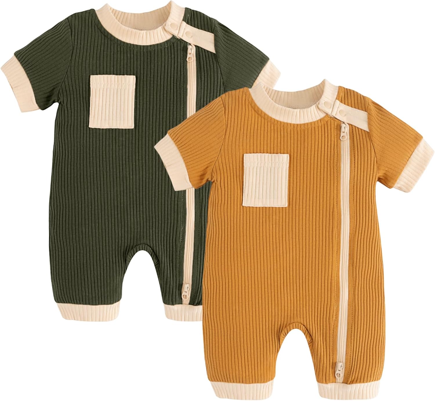 Volunboy Newborn Summer Clothes Unisex Baby Boy Girl 2 Pack Rompers Short Sleeve Two Way Zipper One-piece Jumpsuits Bodysuits