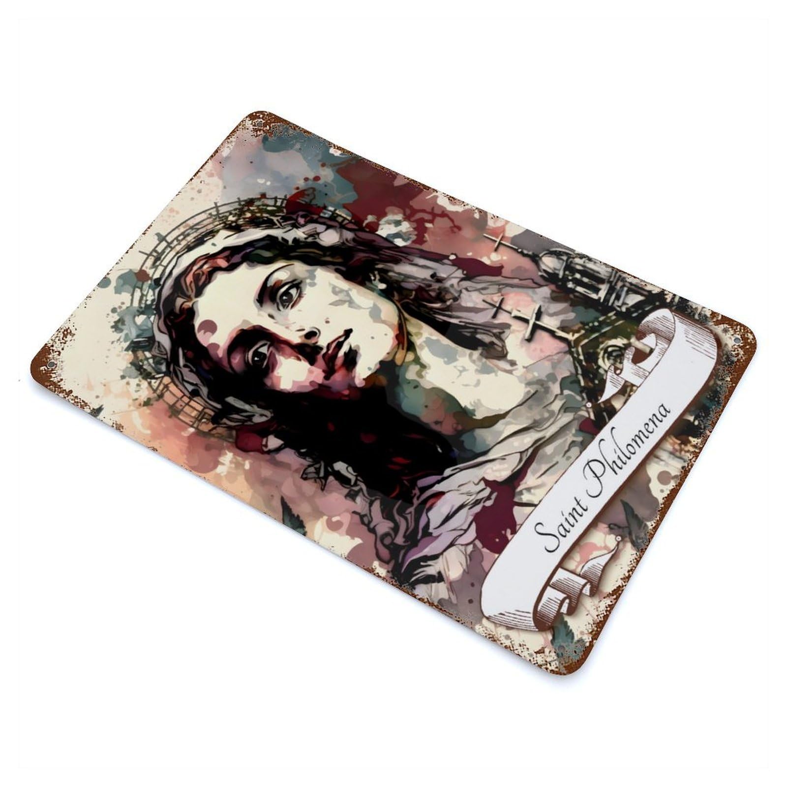 Saint Philomena Christian 11.8"x7.9" Aged Metal Wall Plaque, Retro Wall Decor for Farmhouse, Kitchen And Entryway Decor