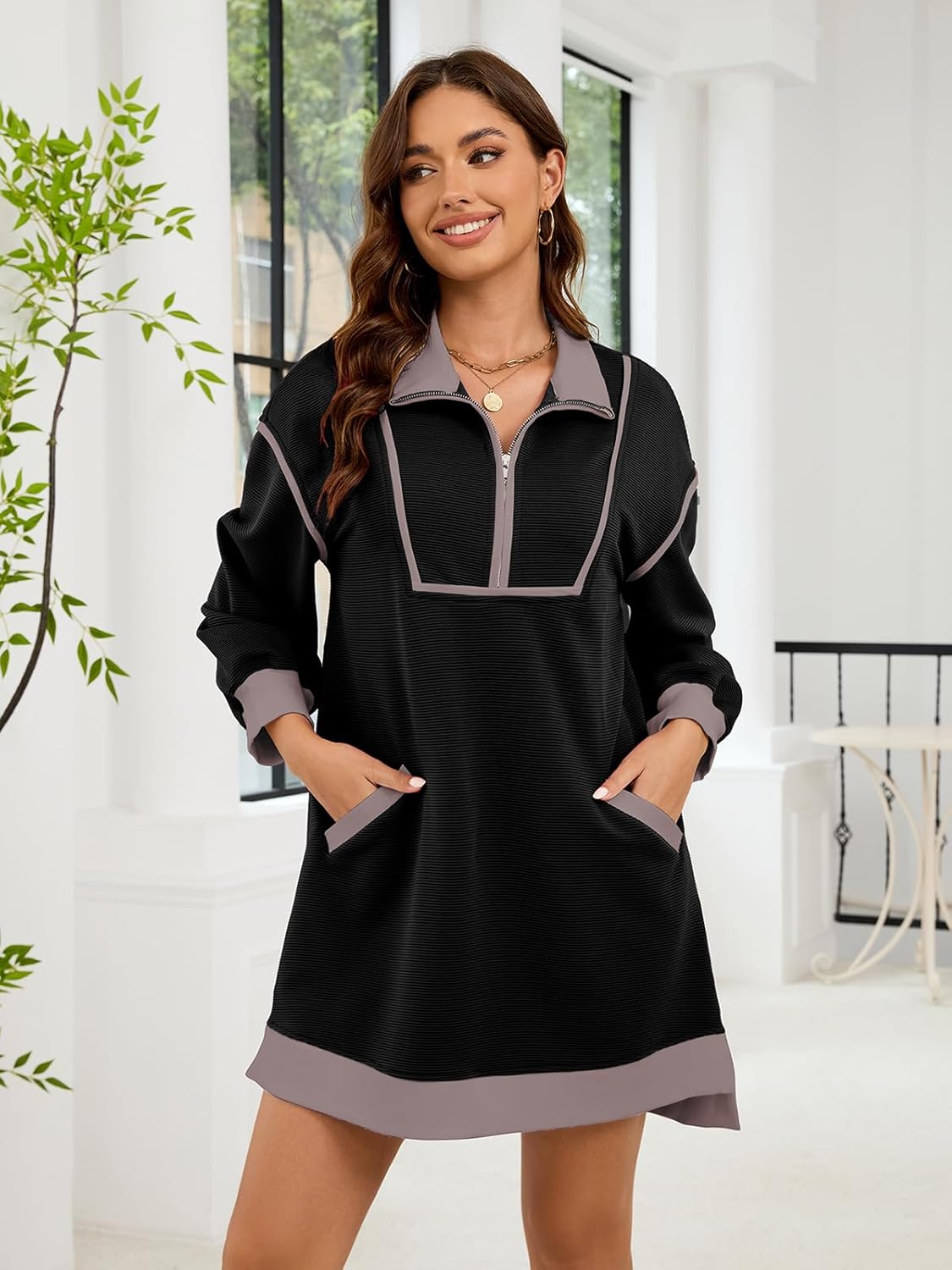 Womens Long Sleeve Sweatshirt Dress Oversized Half Zip Fall Loose Fit Casual Dress with Pockets - Image 3