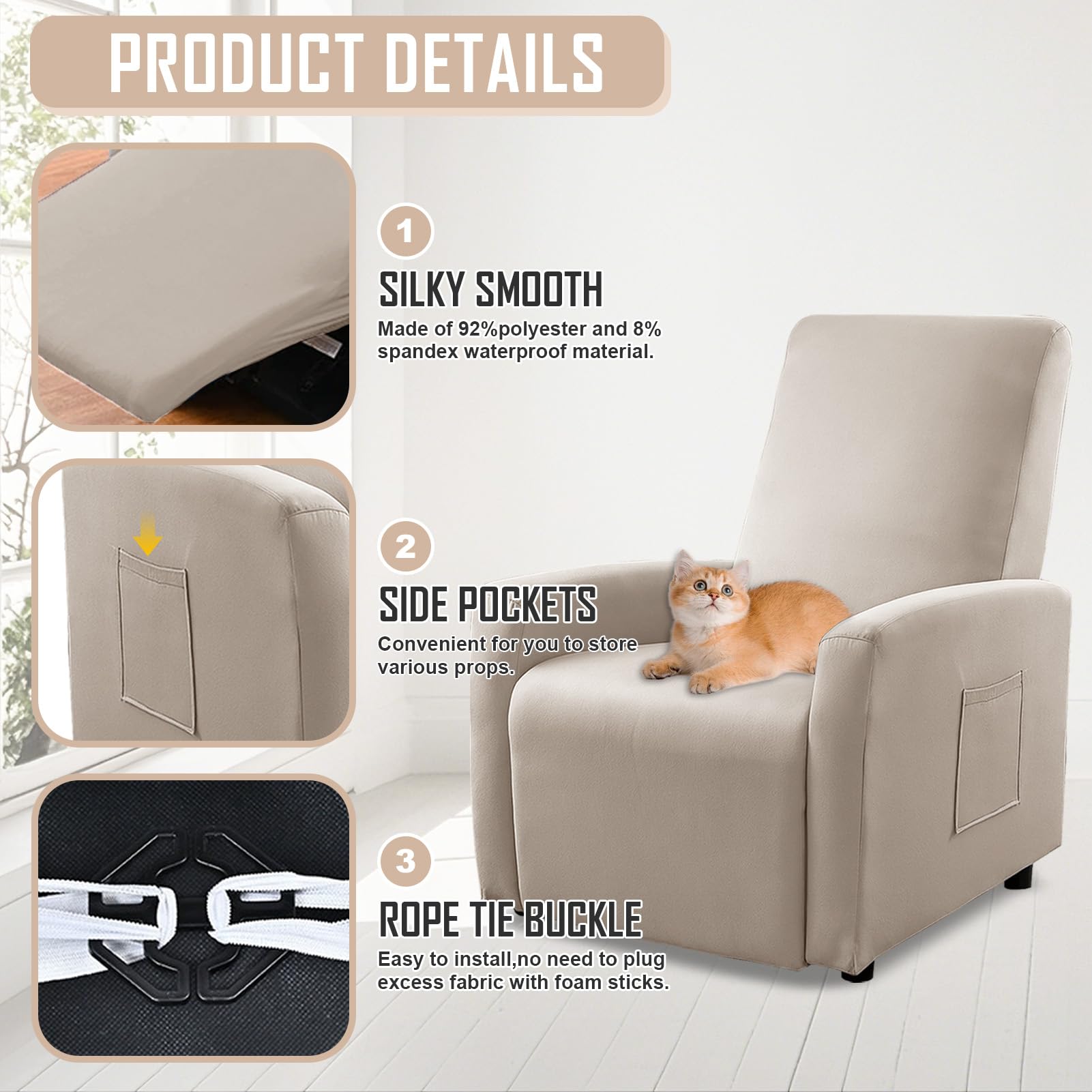 MeYuxg Copri Poltrona Relax Reclinabile a 1 Posto, Elasticizzato Copripoltrona Relax Reclinabile con Tasche, Impermeabile Copri Poltrona Totale, per Poltronas Relaxs e TV(Moka Chiaro, 4 Pezzi)