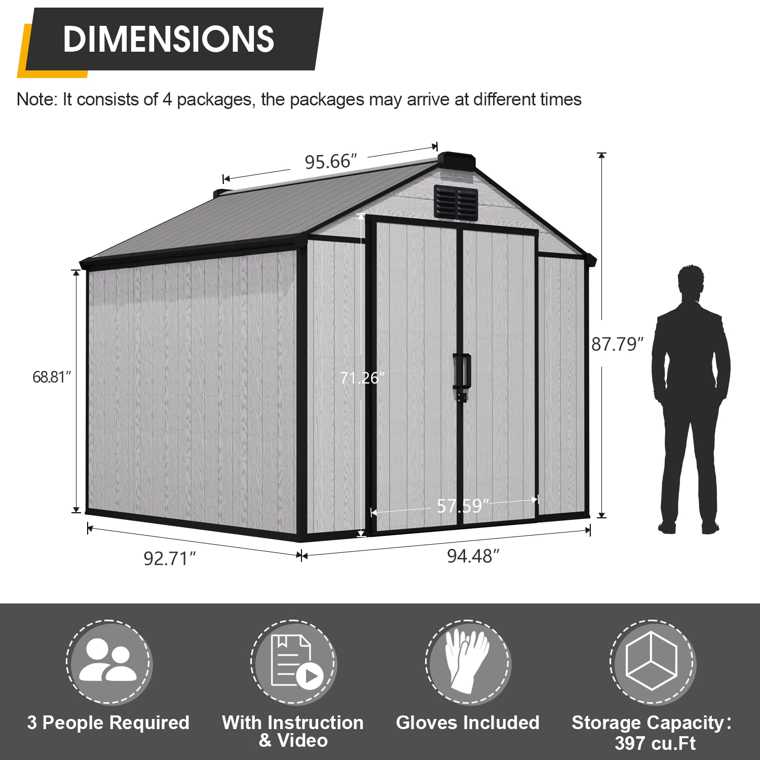 MELLCOM 8 x 8 FT Resin Outdoor Storage Shed with Floor, Outdoor Storage Tool Shed with Windows and Lockable Door, Resin Garden Shed for Lawnmower, Bike, Pool Supply - 3