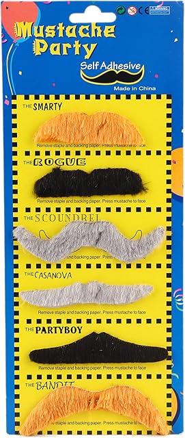 FILFEEL 6Pcs Self Adhesive Novelty Mustache for Fancy Dress Party, Individualized Costume Fake Moustaches Stickers - Lint Material