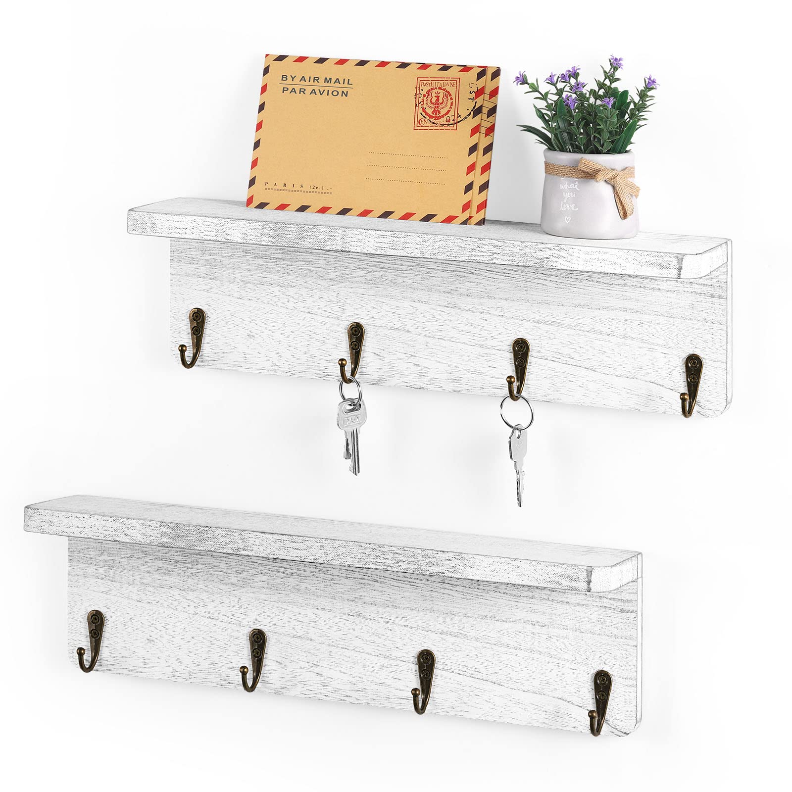 UOMIO Key Rack with Shelf, 2 Pieces Key Holder Wood White Wall Key Rack with 4 Hooks Wall Organiser Key Board Vintage for Hallway Office Bathroom Kitchen Storage