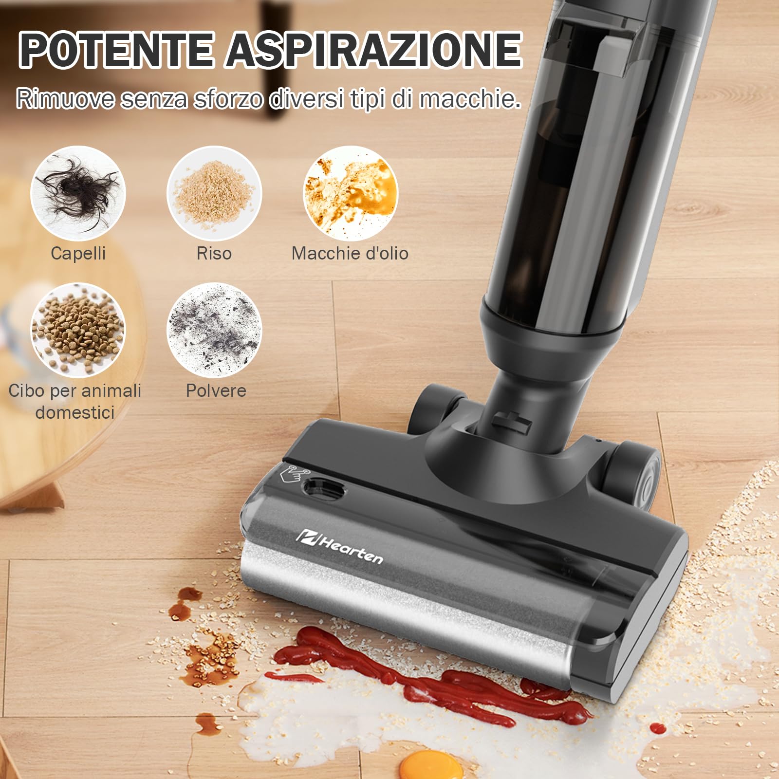 Hearten Lavapavimenti Senza Filo,Aspirapolvere Lavapavimenti Smart 3 in 1, Aspira e Lava, Auto-Pulente, Anti-Groviglio, Display LED – 0,7 mm, Regolazione Automatica, Per Peli Animali Scrubber