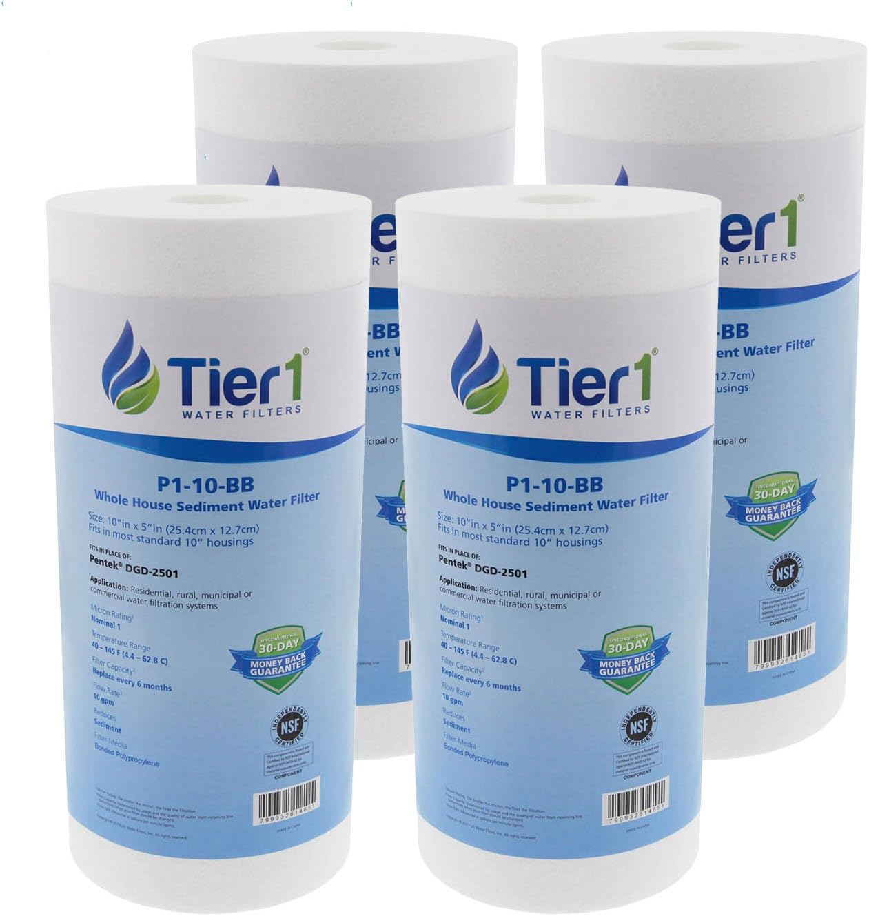 Tier11 Micron 10 Inch x 4.5 Inch | 4-Pack Spun Wound Polypropylene Whole House Sediment Water Filter Replacement Cartridge | Compatible with Pentek DGD-2501, 155359-43, Home Water Filter
