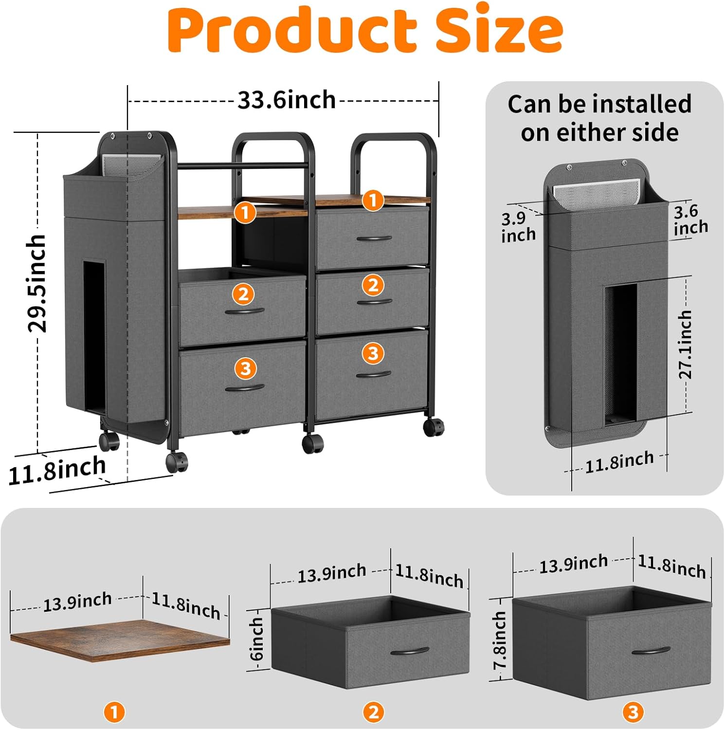 Baby Diaper Caddy Organizer Cart - Bedside Cart with Drawers & Side Storage, Nursery Essentials Stuff & Clothes Organization, 3 Tier Rolling Carts with Wheels for Nursery, Bedroom, Easy to Assemble