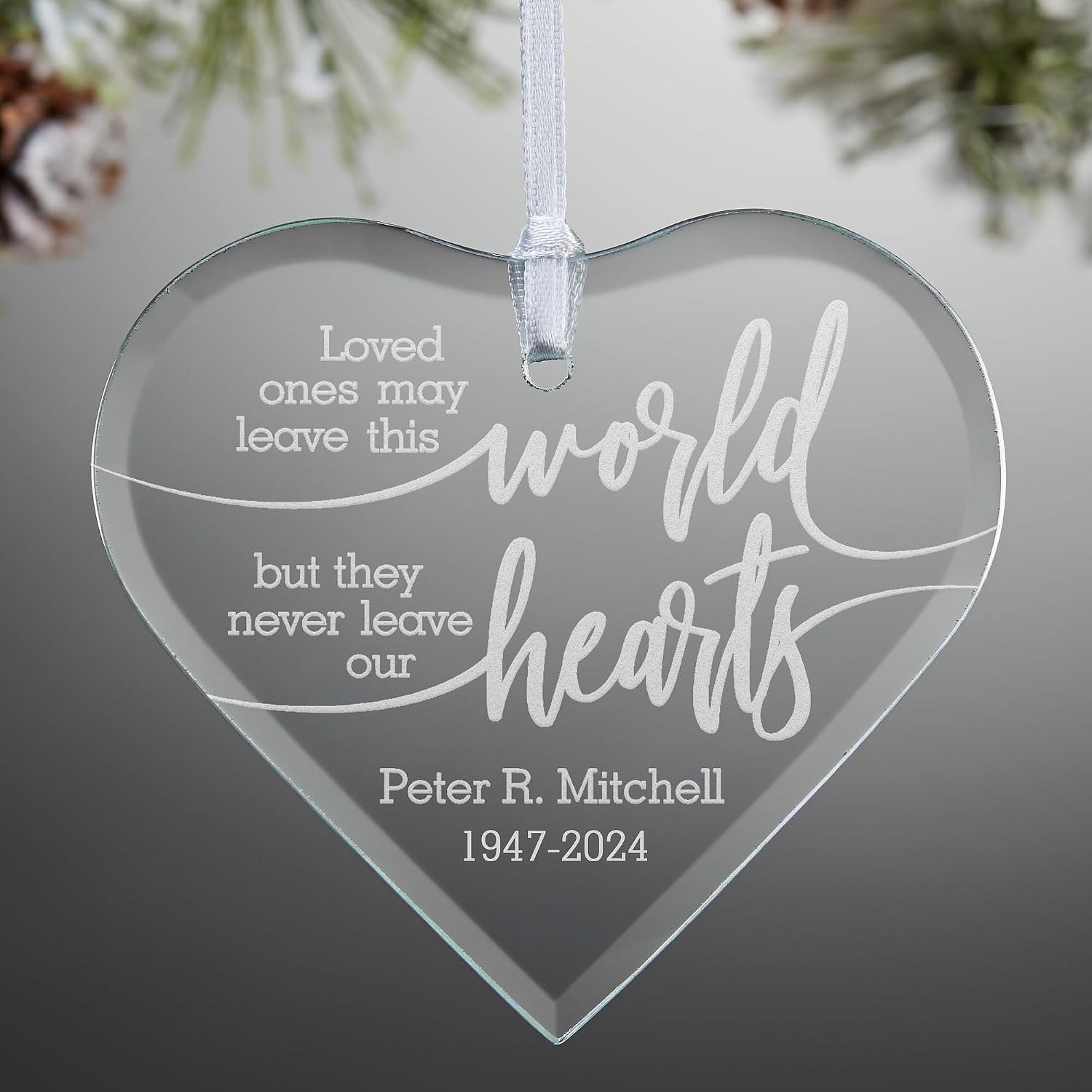 Personalization Universe Never Leave Our Hearts Personalized Memorial Heart Ornament - Ultra-Polished Glass with Ribbon - Christmas Ornaments - Remembrance Gifts - Memorial Gifts for Loss of Loved One