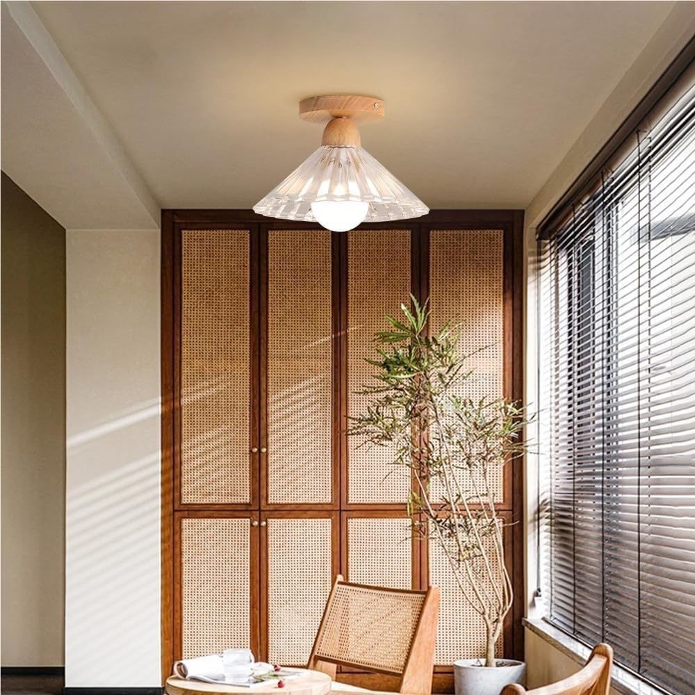 Modern Wood Semi Flush Mount Ceiling Light, Natural Farmhouse Ceiling Fixture with Pleated Glass Shade, Nordic Ribbed Glass Ceiling Lamp for Hallway Bedroom Kitchen