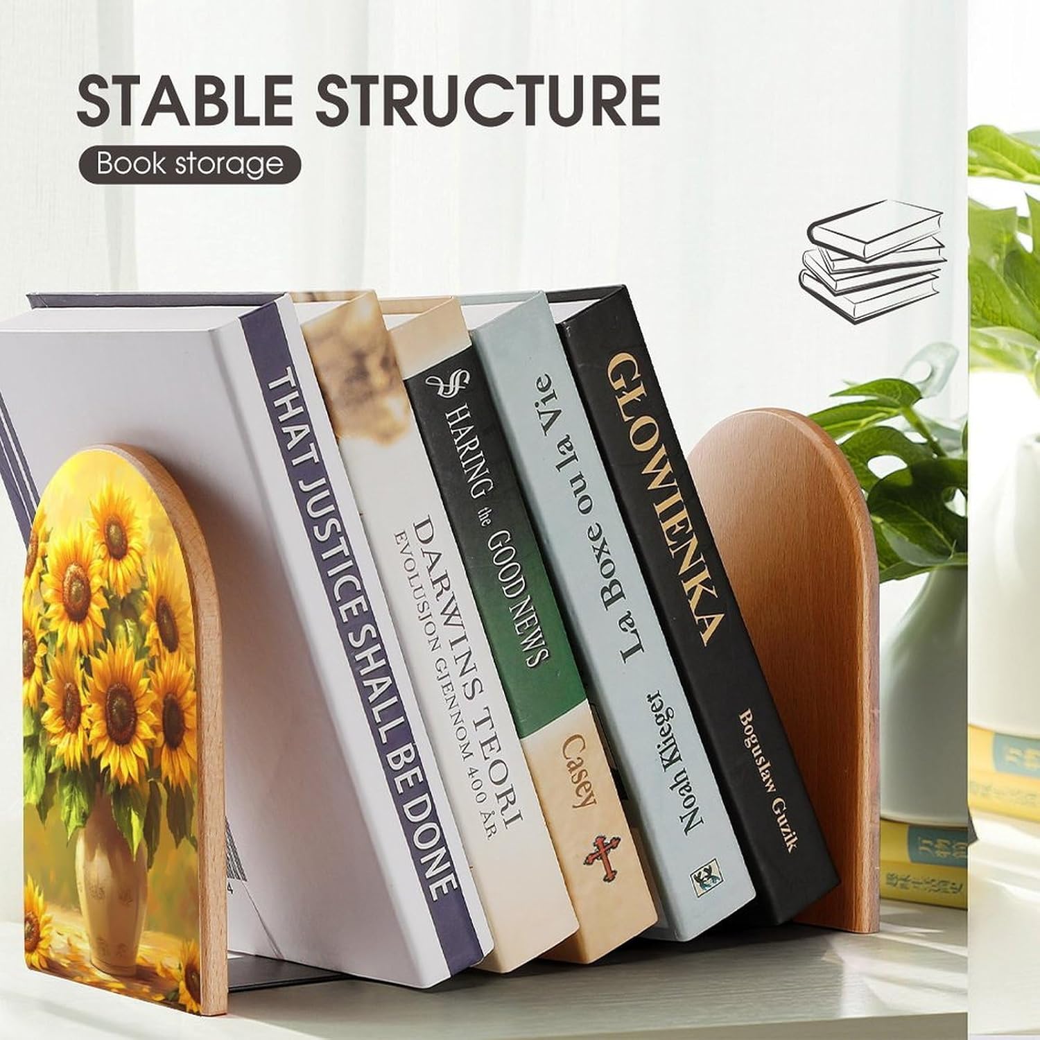 Beautifu Sunflowers Painting Cute Wood Book Ends Decorative Bookends 1 Pair Non-Skid for Shelves Home Office 7 X 5 Inch
