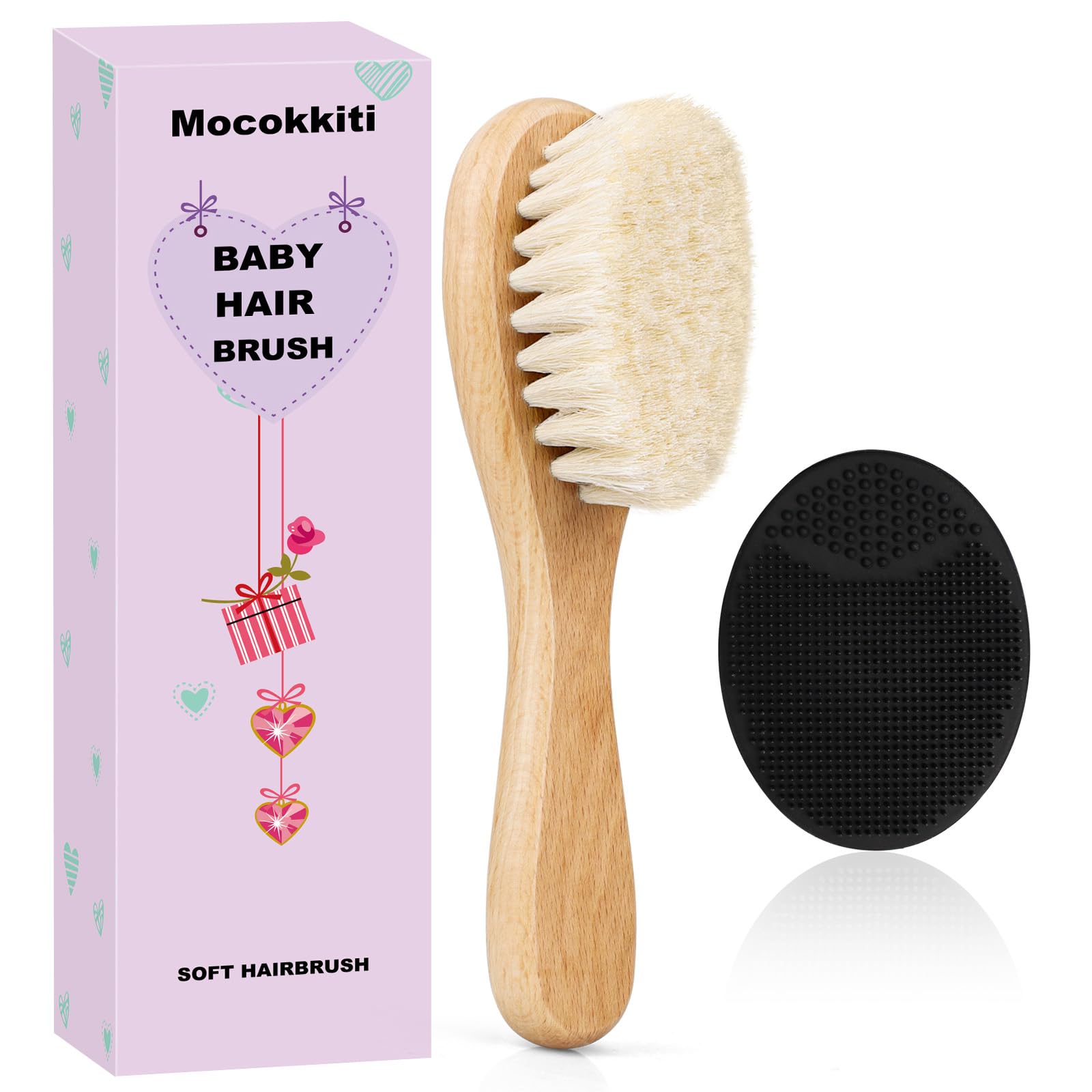 Cepillo para el cabello de bebé, cepillo de cerdas de cabra Mocokkiti y cepillo para costra láctea, cepillo de cerdas de madera para recién nacidos y niños pequeños (2 piezas)