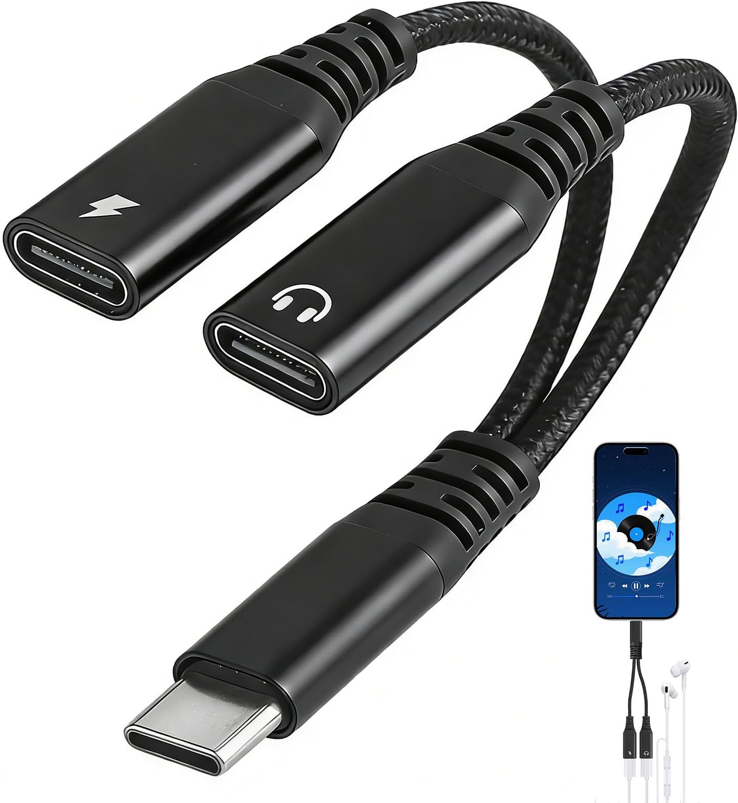 Dual USB C Headphone Jack Adapter,USB Type C Audio Charger Adapter,Usb C Splitter 2 In 1 Type C Audio+Charger Adapter with PD 60W Fast Charging for iPhone 17 16 15 Series and More TypeC Devices