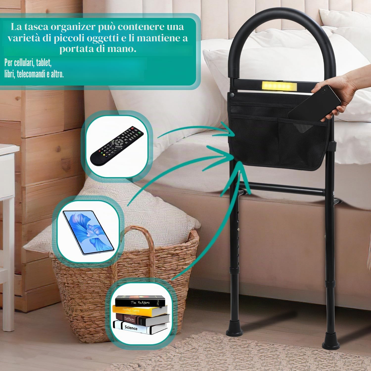 Fiqops Sostegno per alzarsi dal letto, Sostegno per alzarsi dal letto per anziani, con sensore, Sostegni per alzarsi con tasca di stoccaggio, Sostegno per alzarsi regolabile in altezza, Sponde di