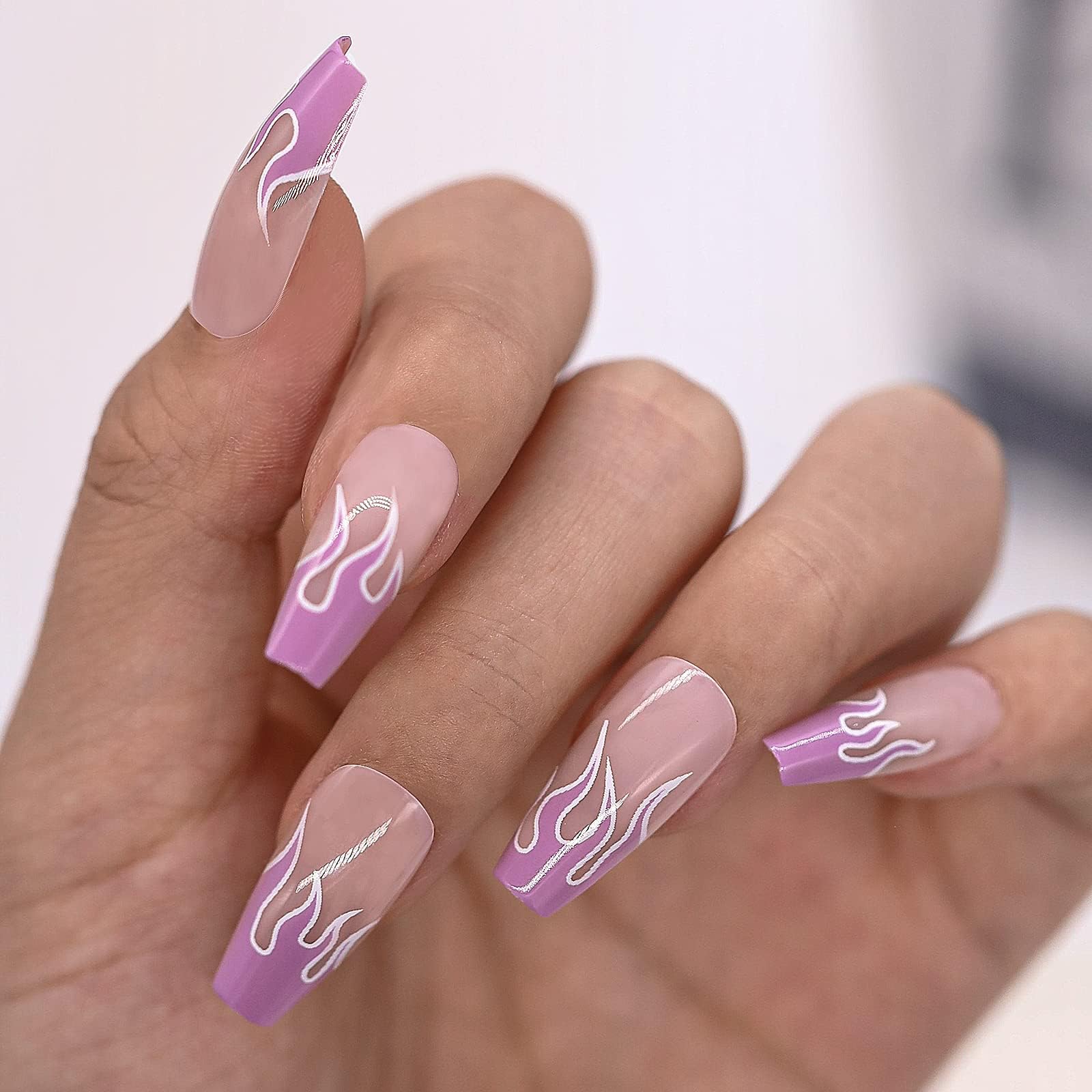24 Pcs Press on Nails, Purple Fire Pattern Fake Nails, Medium Length Design, 12 Sizes, Includes Prep Pad, Mini Nail File, Cuticle Stick, Jelly Adhesive Tabs and 24 Fake Nails for Women