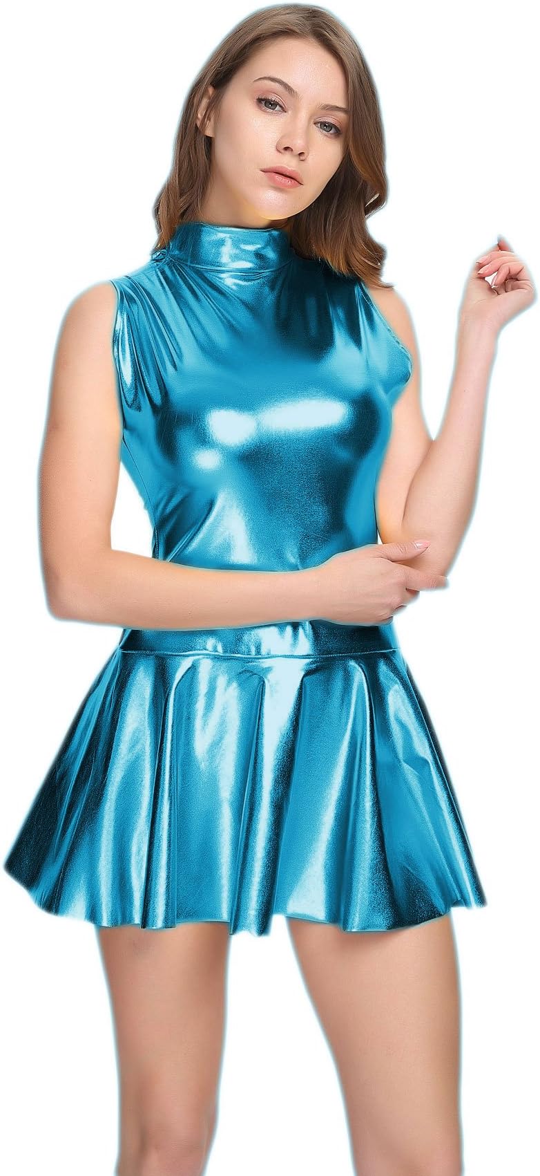 Alien Costume Shiny Club Dress Sleeveless Metallic Dresses for Women