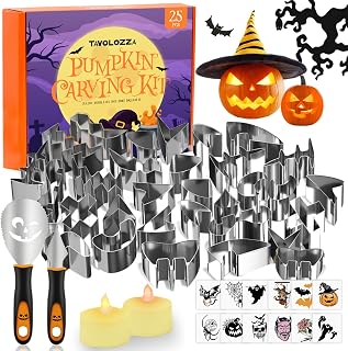 37-PCS Pumpkin Carving Kit with Cookie Cutters, LED Lights and 12PCS Stickers, Safe Reusable Stainless Steel Tools, Jack-O-Lantern Carving Set for Adults Kids and Family Halloween Decor