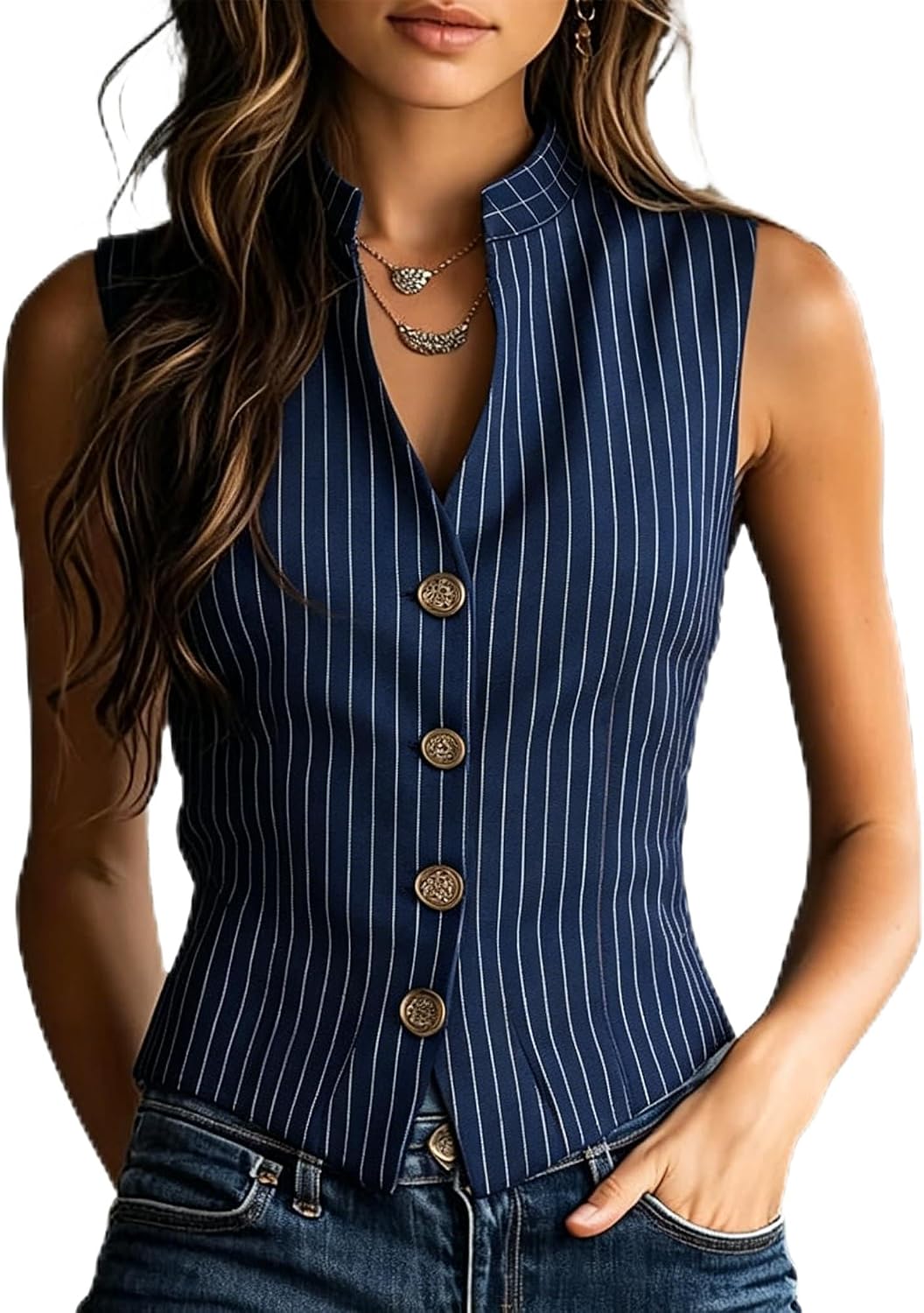 CAMDOM Women's Sleeveless Waistcoat Striped Lace Trim Vest Slim Fit Button Front Top Summer Evening Wear Black