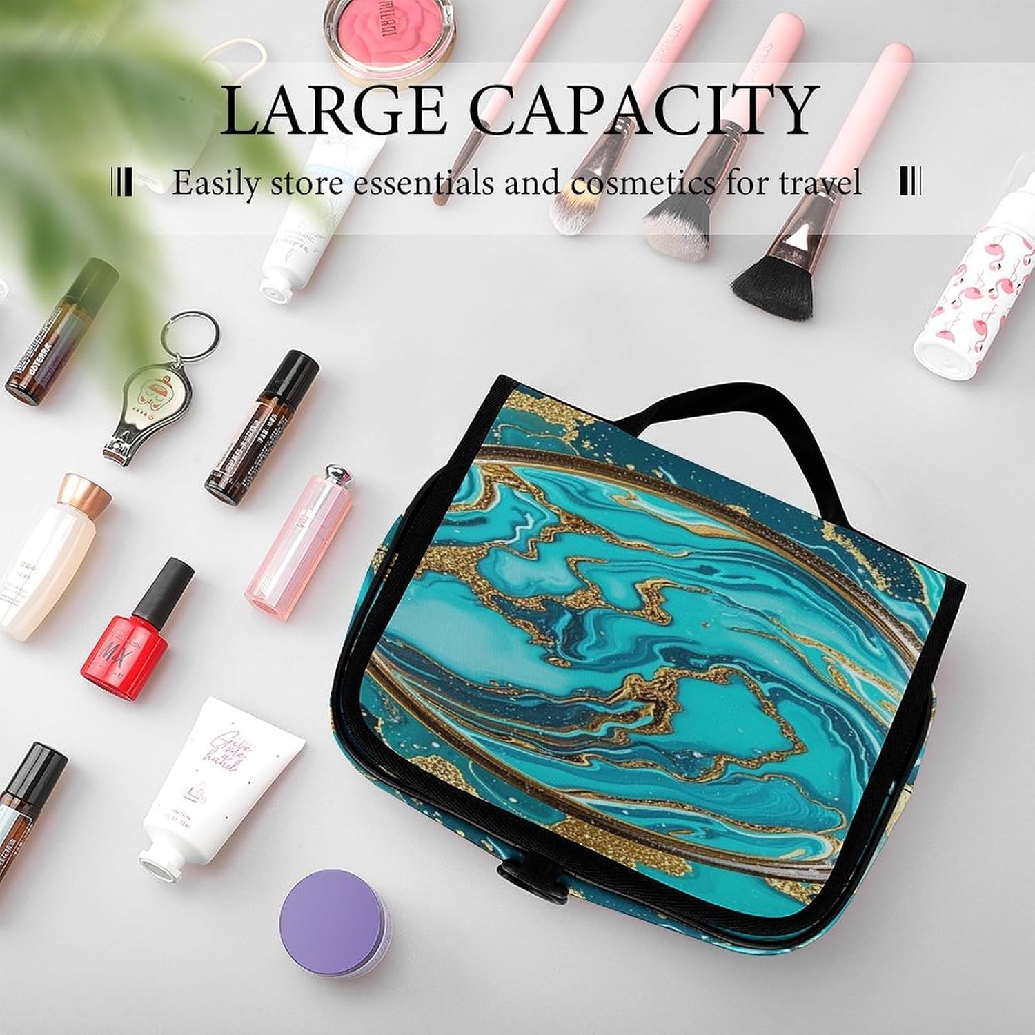 Turquoise Blue Gold Marble Wash Bag Portable Makeup Pouch image 4