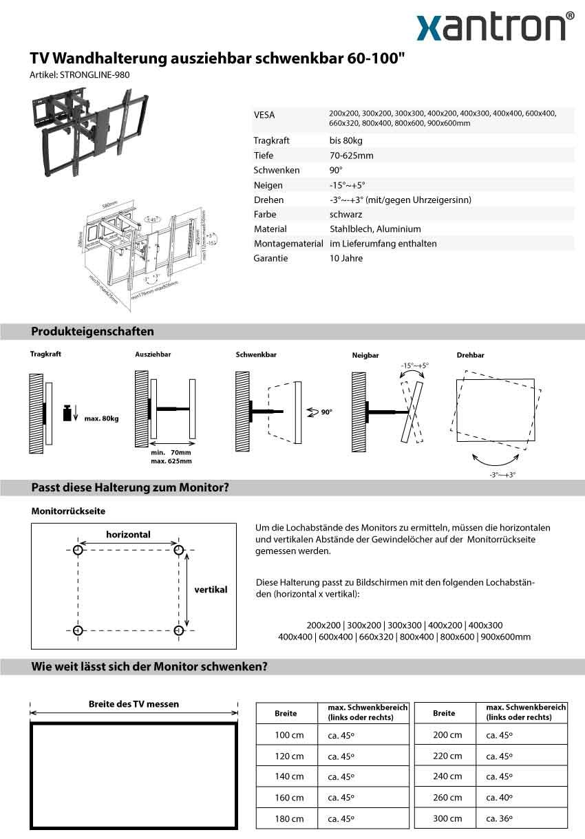 Monitor Parete Xantron STRONGLINE-980 60-100 Pollici Tiro Regolabile - Dettaglio