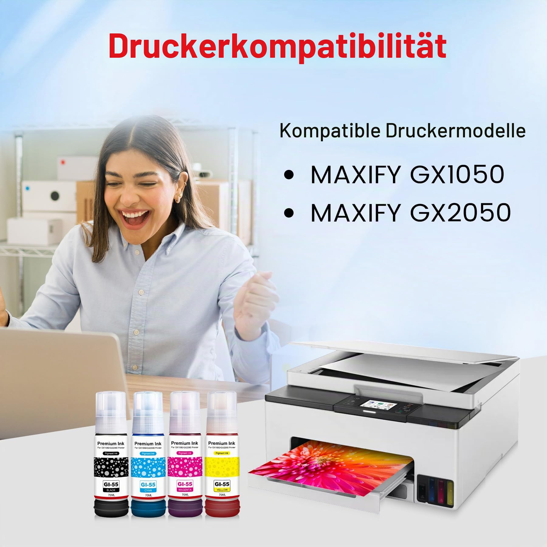 GI-55 GI55 GI 55 Tinte Kompatibel mit CAN GI-55BK GI-55C GI-55M GI-55Y mit Maxify GX1050 GX2050 GX1080 GX2080 Multipack Drucker (4Stück,Schwarz,Cyan,Magenta,Gelb)