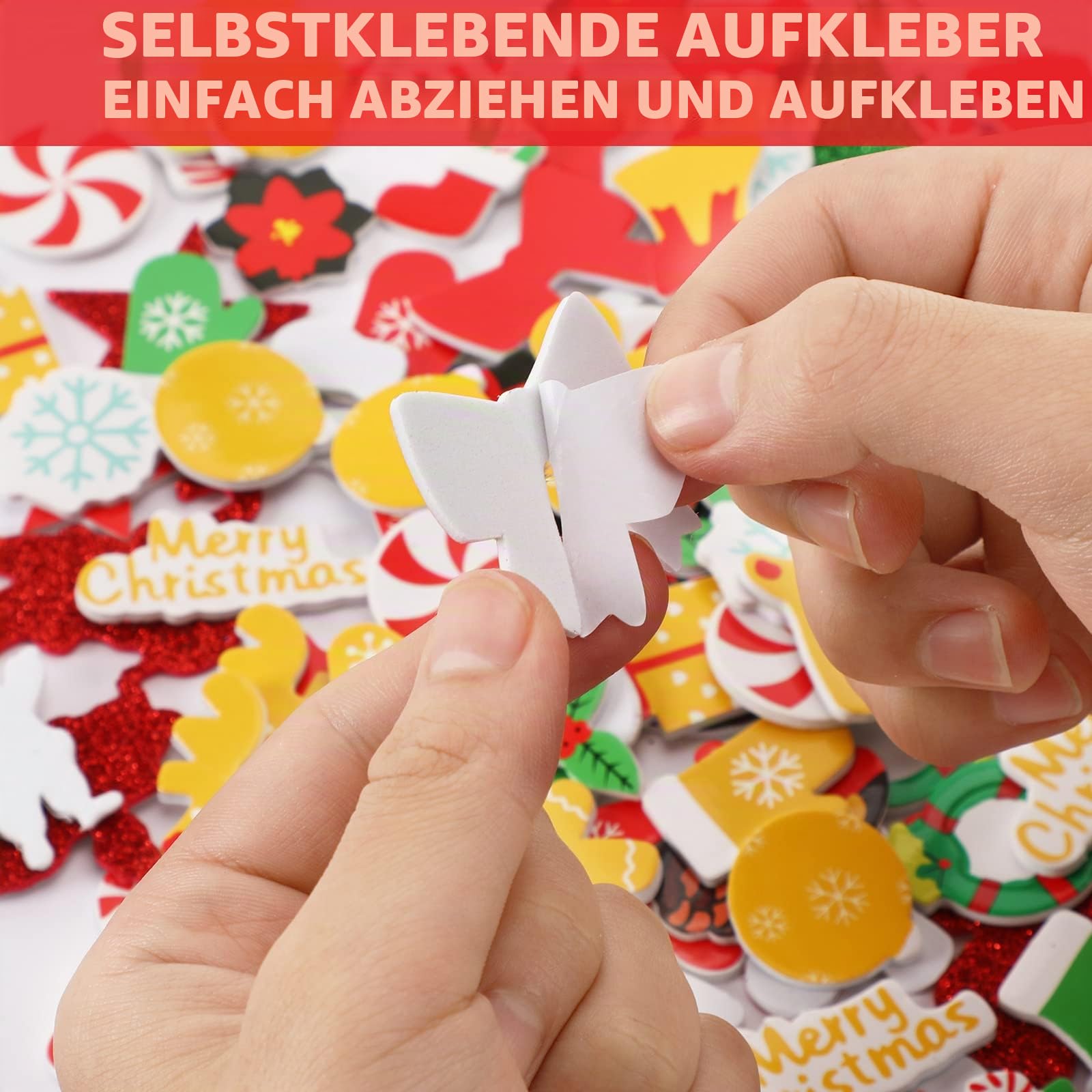 Glitzernde Weihnachtssticker, JULBEAR 300 Stück Selbstklebende Moosgummi Weihnachtsaufkleber Deko Weihnachten Schaumstoff Sticker DIY Filz Weihnachten Aufkleber für Party Basteln Dekoration