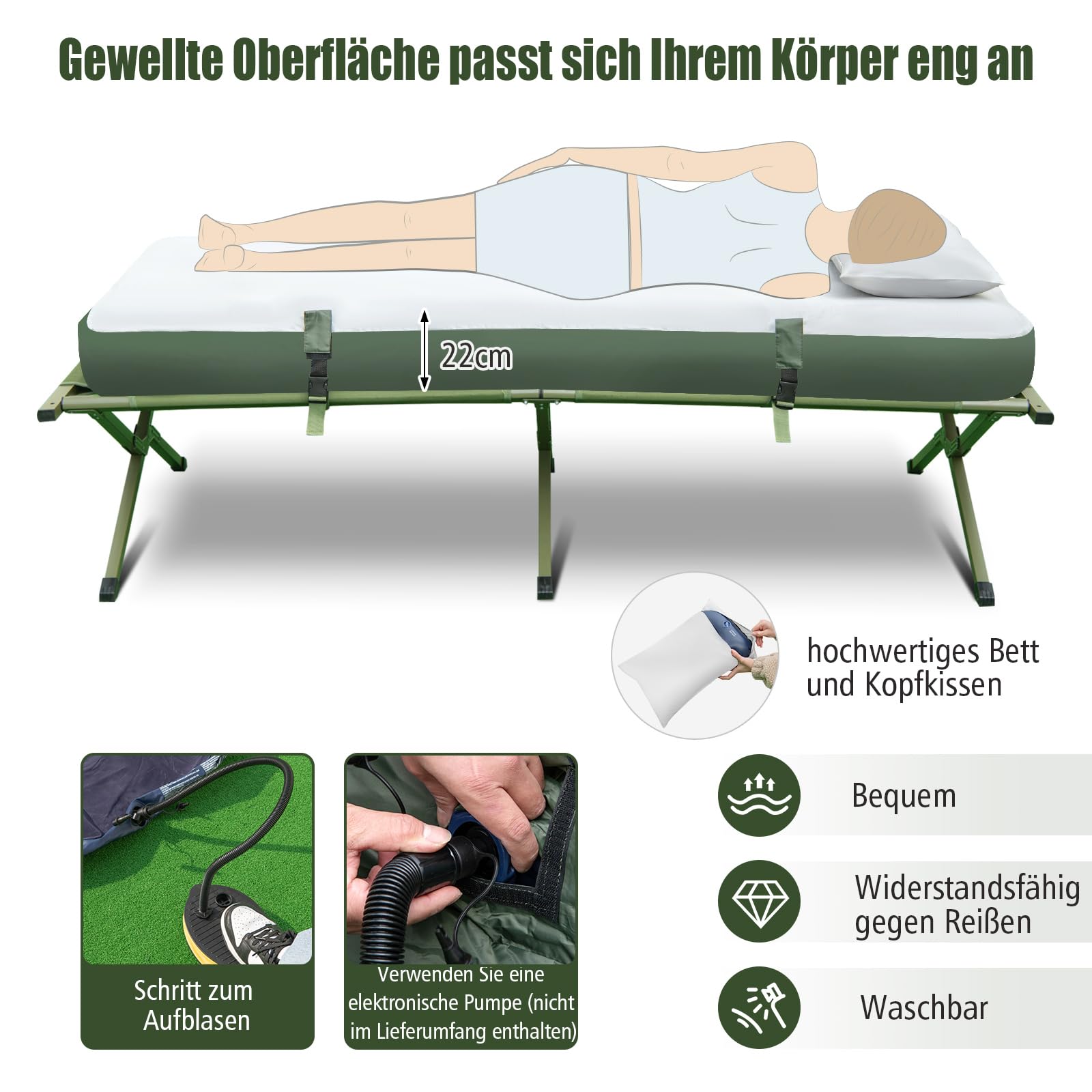 GOPLUS Feldbett mit Zelt für 1 Personen, 5 in 1 Campingzelt wasserdicht mit Sonnenschutz, Luftmatratze, Kissen, Schlafsack & Tragetasche, Campingliege Campingbett zum Wandern und Picknick
