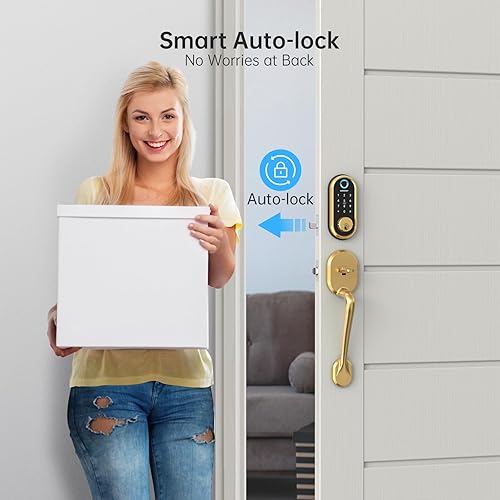 Miniatura 4 de SMONET - Juego de cerradura inteligente para puerta delantera, cerrojo de huella dactilar, cerradura de puerta delantera con asa, teclado de entrada
