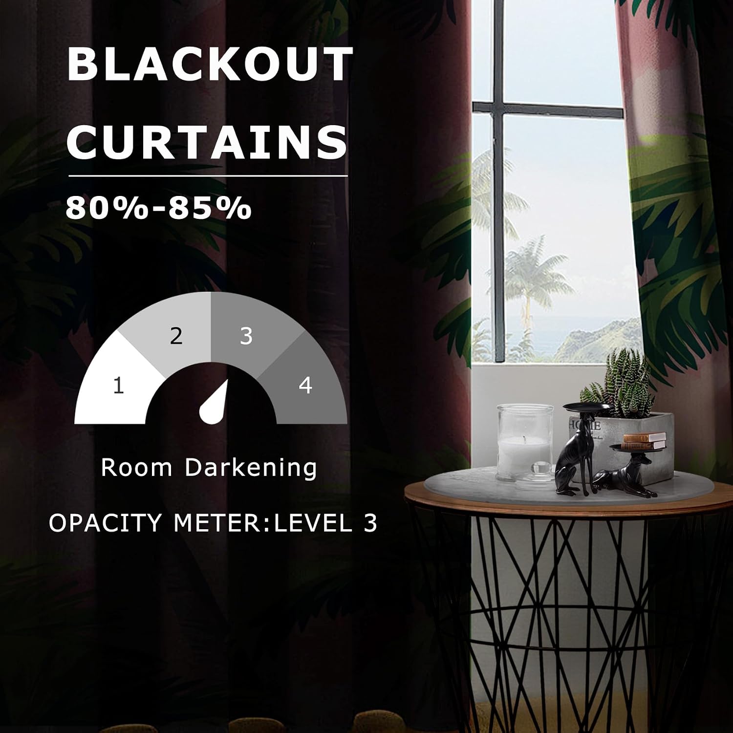 Tropical Palm Tree Curtains 63 Inch Length - Green Plant Watercolor Coral Patterned Blackout Curtains for Living Room Bedroom, Room Darkening Grommet Drapes Window Treatments, 2 Panel Set